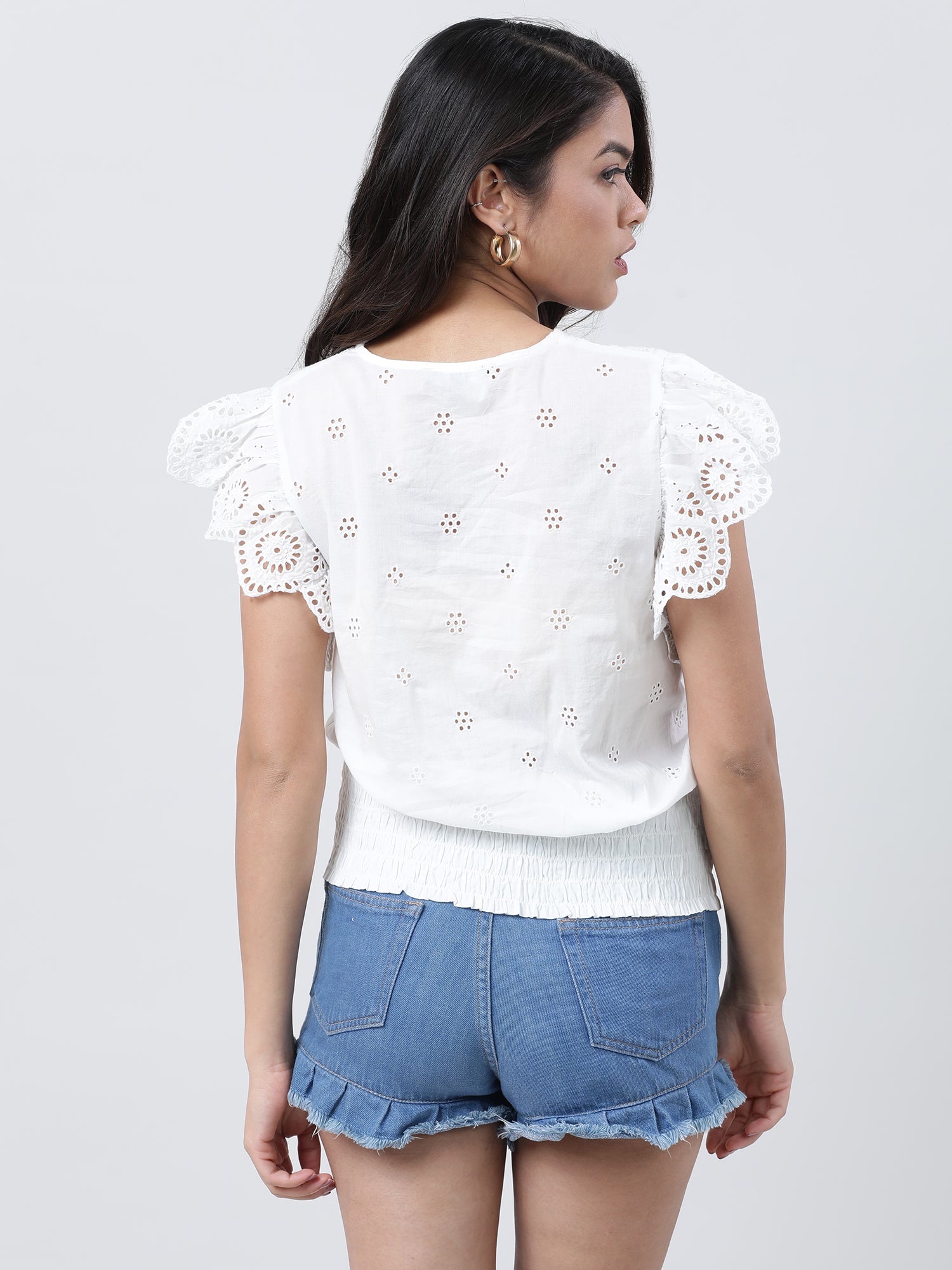 Women Regular Fit White Schiffli Top