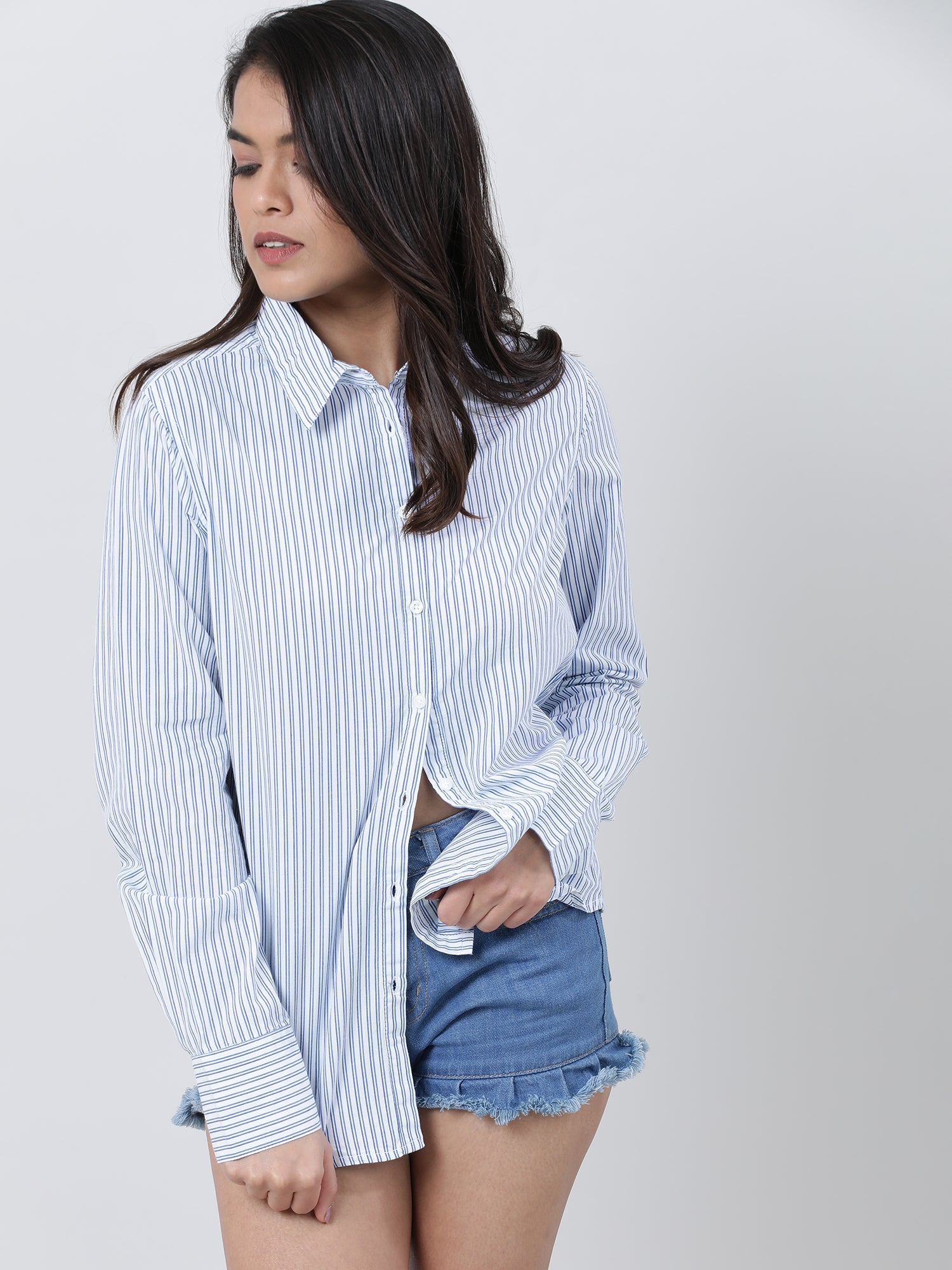 Women Regular Fit Striped Blue Shirt