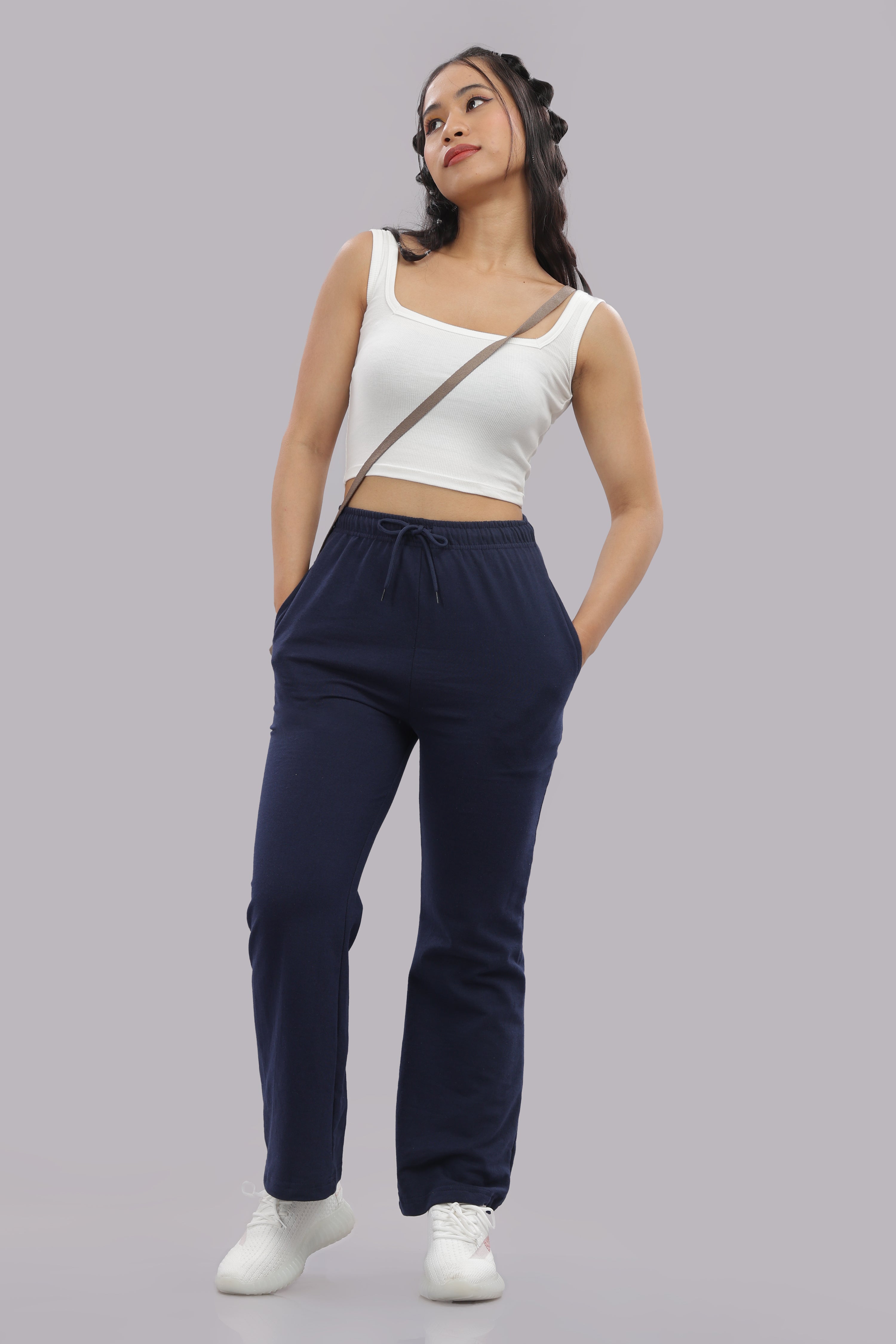 Womens Navy Blue Cotton Track Pants