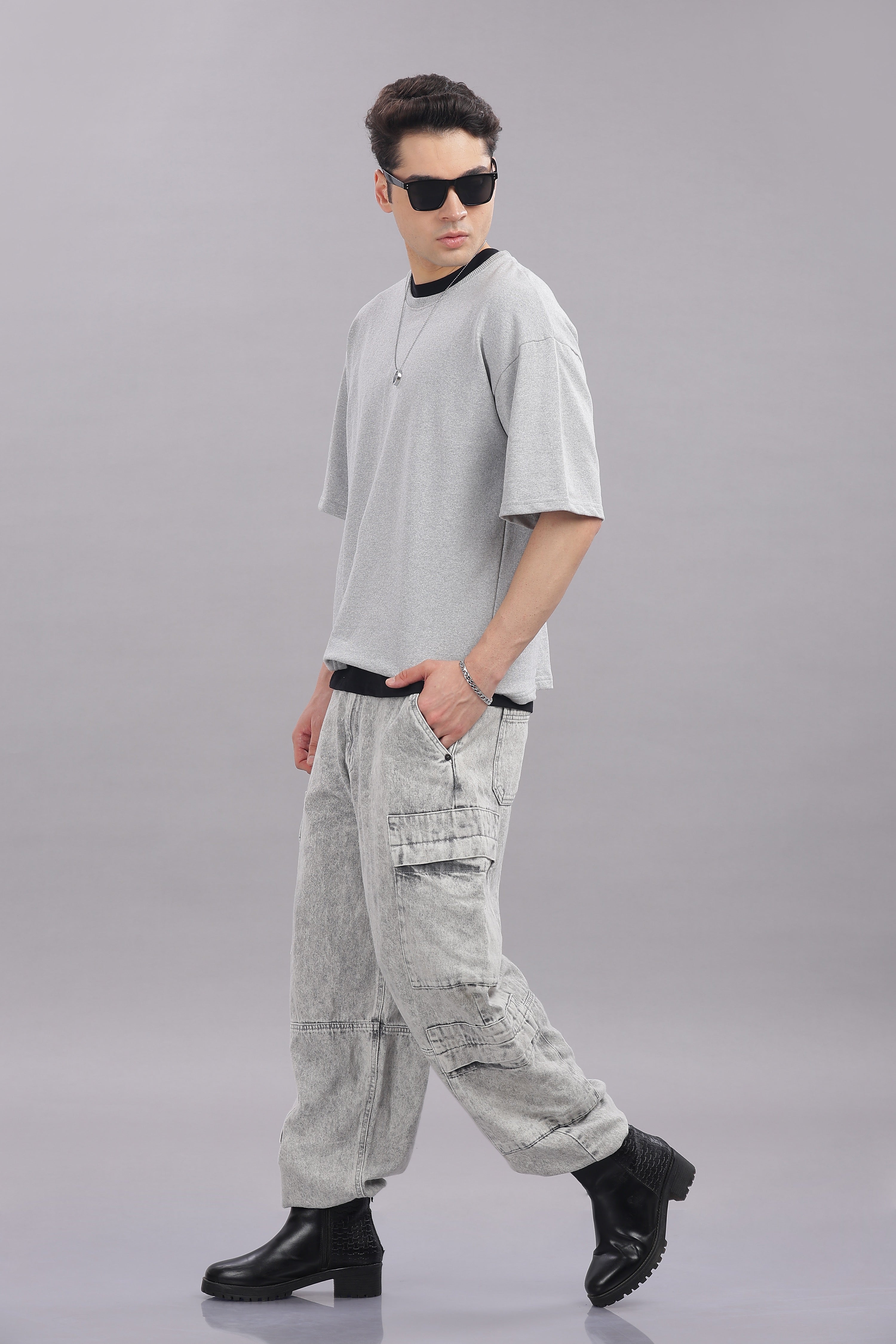 Mens Grey Cotton Oversized T-Shirt