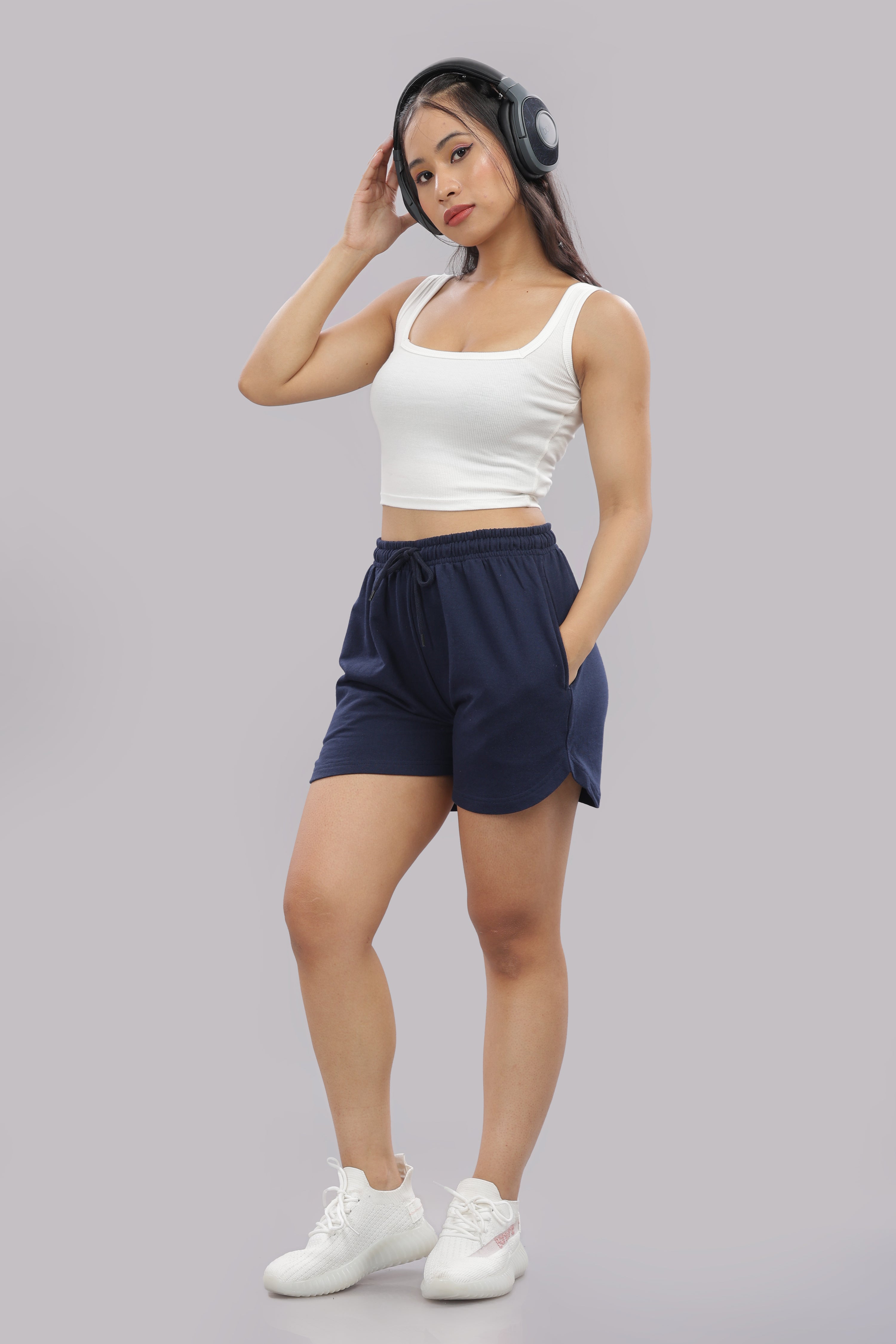 Womens Navy Blue Cotton Regular Jogger Shorts