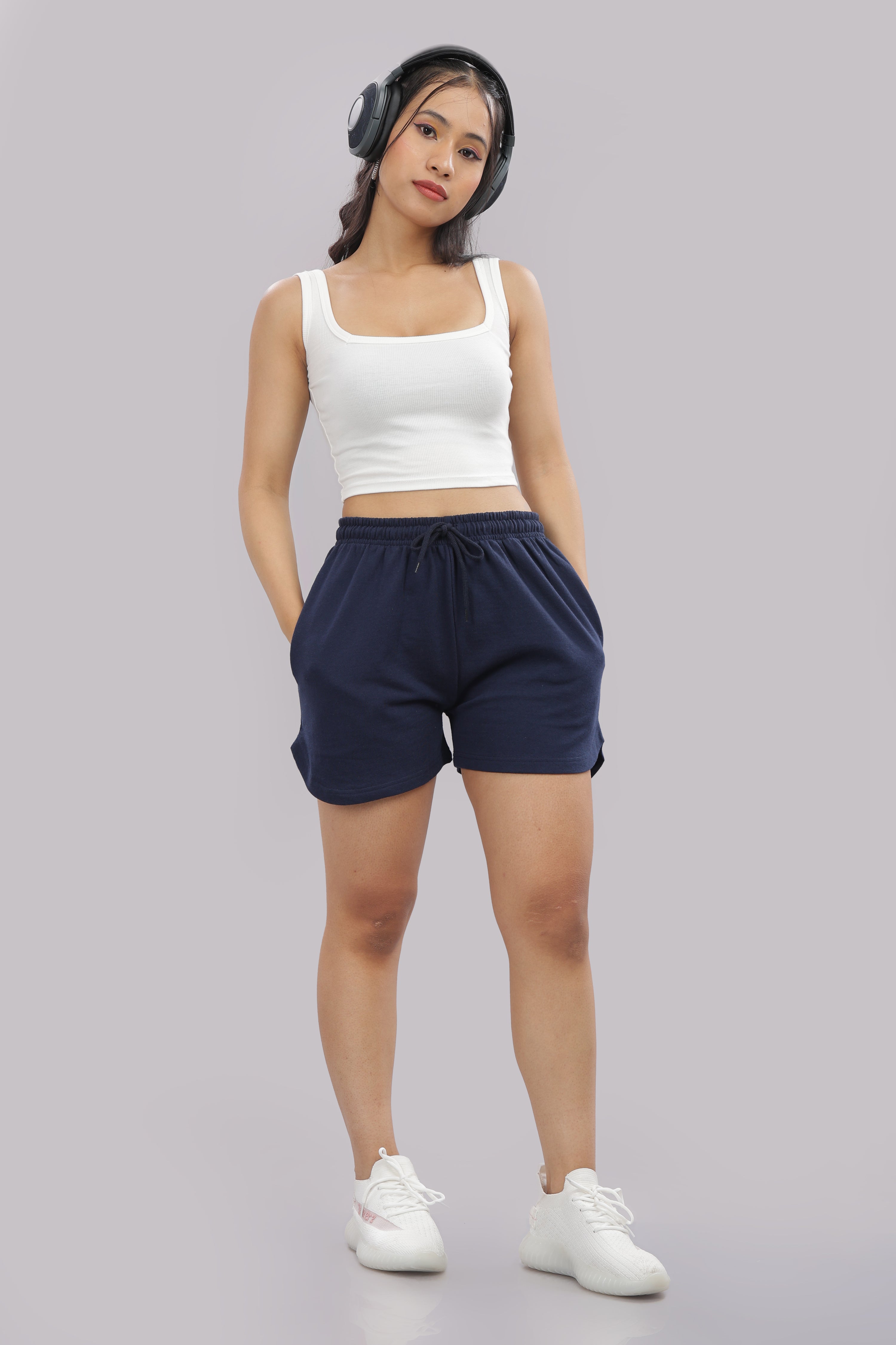 Womens Navy Blue Cotton Regular Jogger Shorts