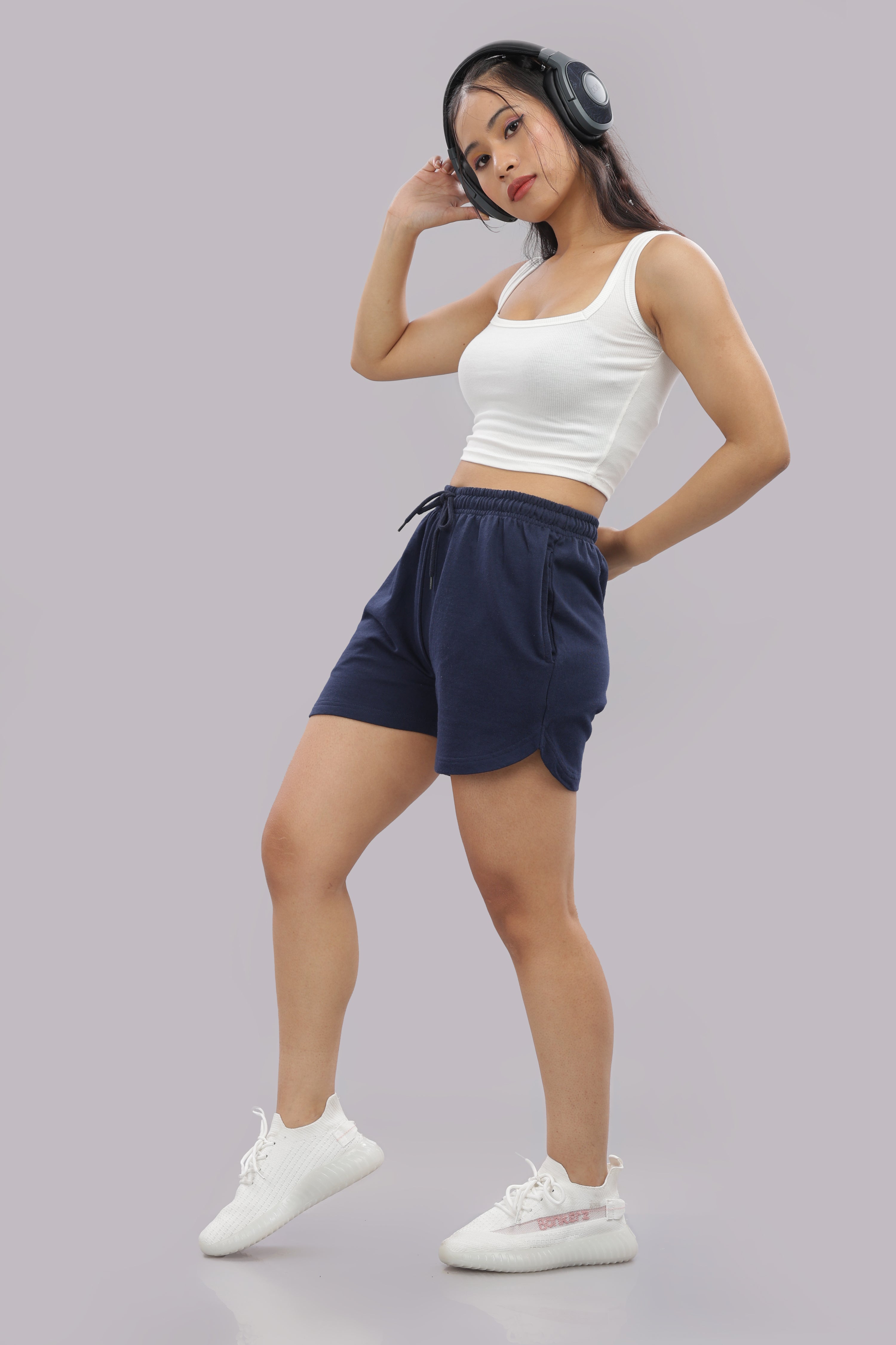 Womens Navy Blue Cotton Regular Jogger Shorts