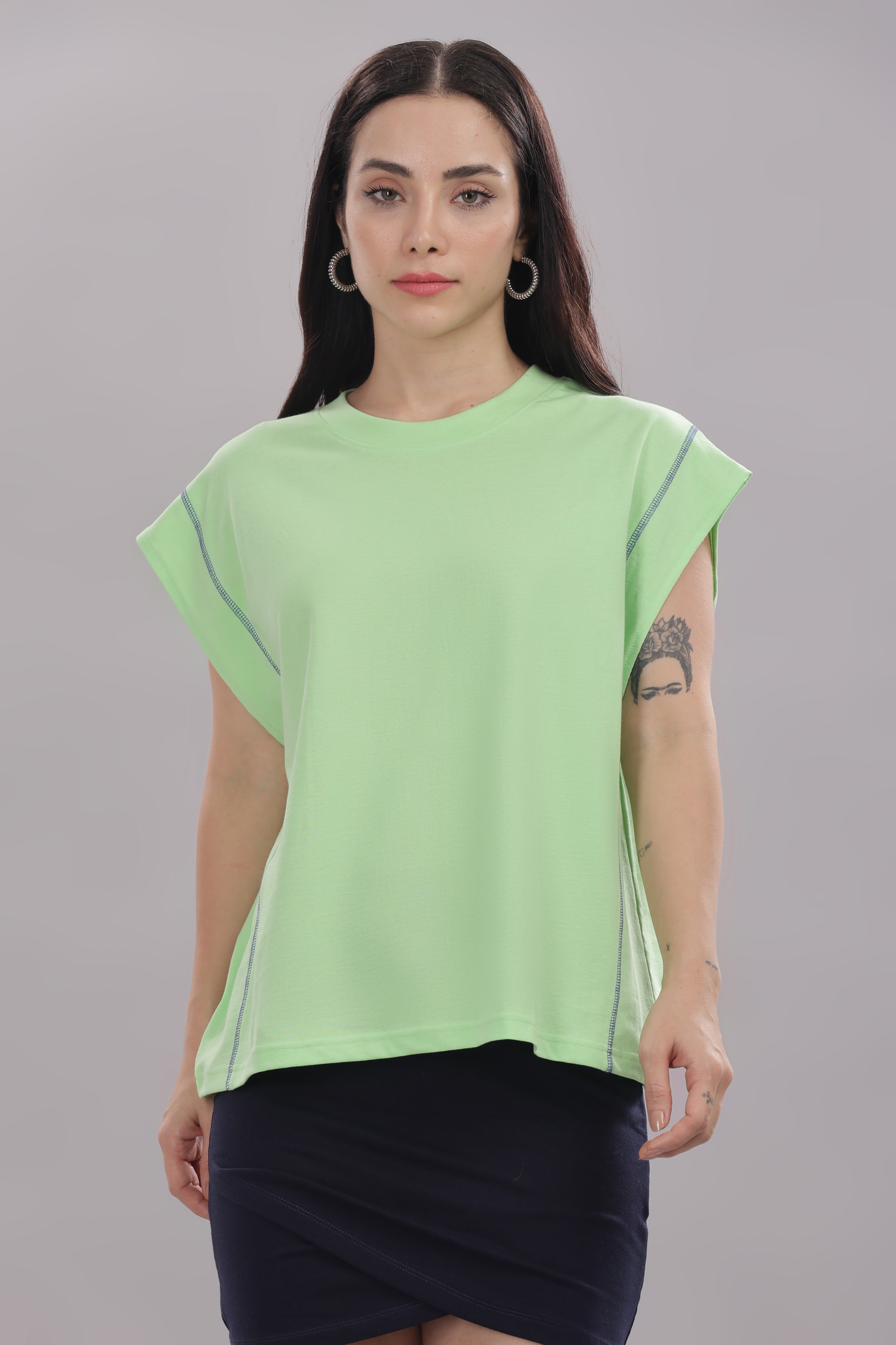 Womens Fluorescent Green Cotton Regular Top