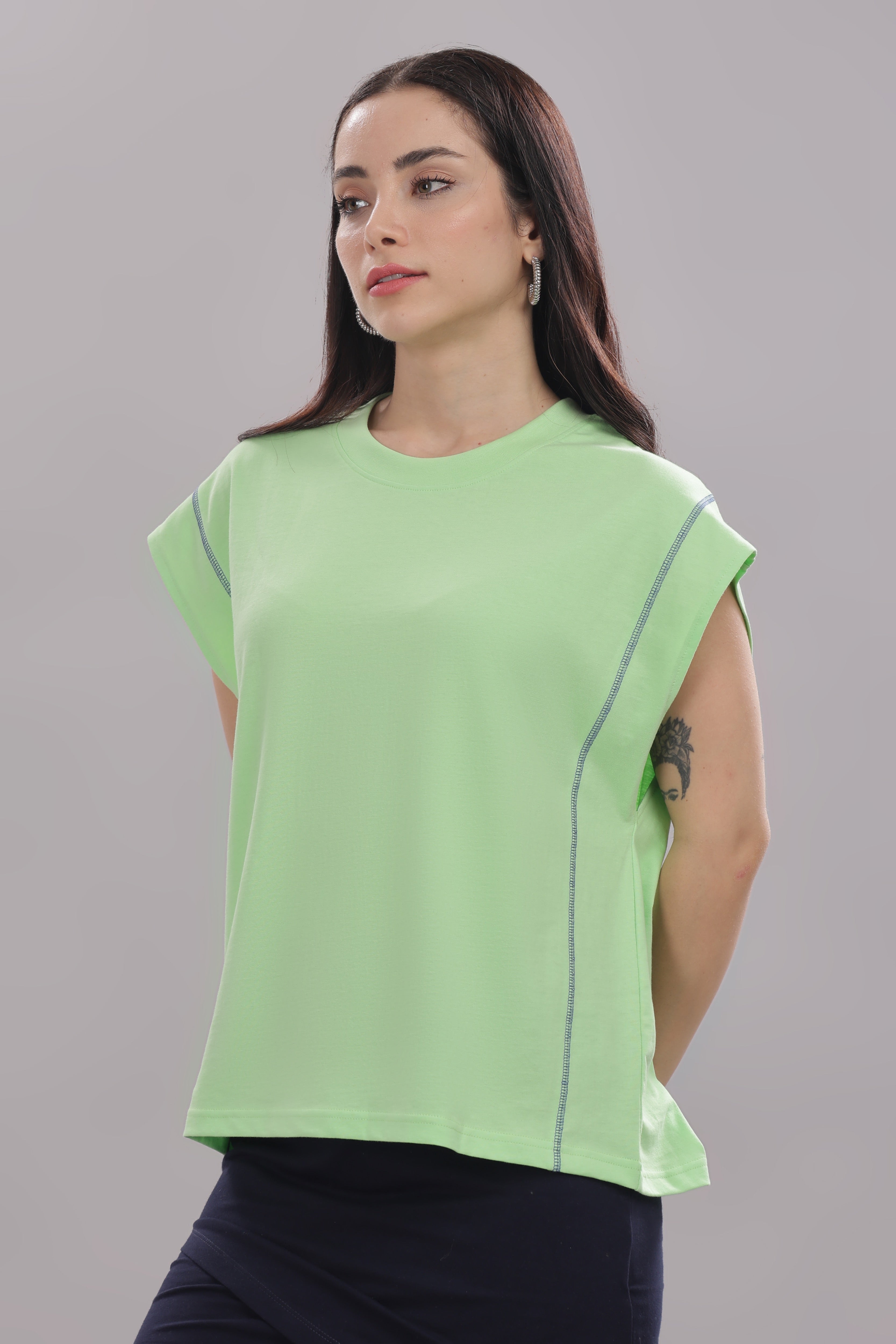Womens Fluorescent Green Cotton Regular Top