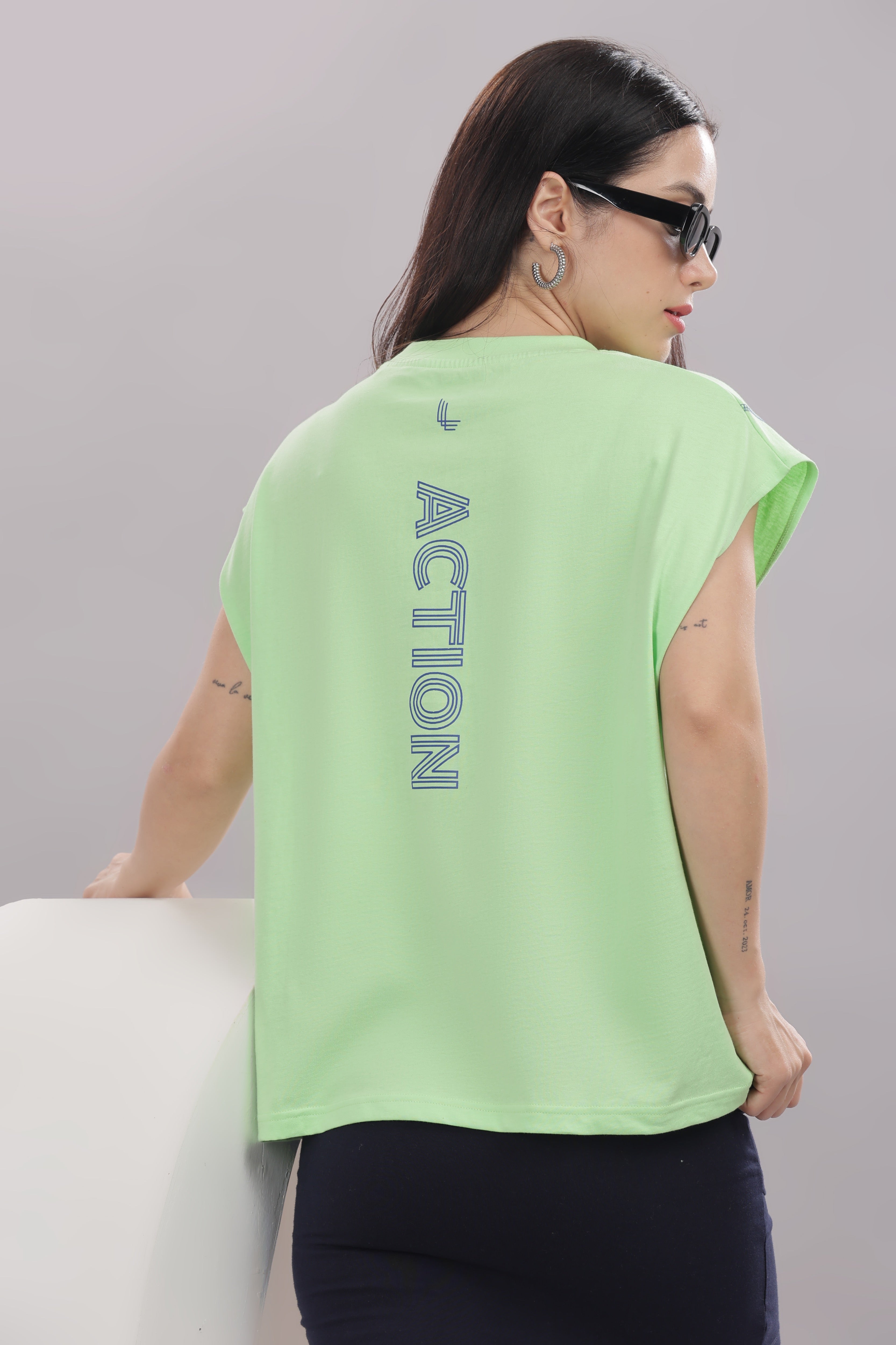 Womens Fluorescent Green Cotton Regular Top