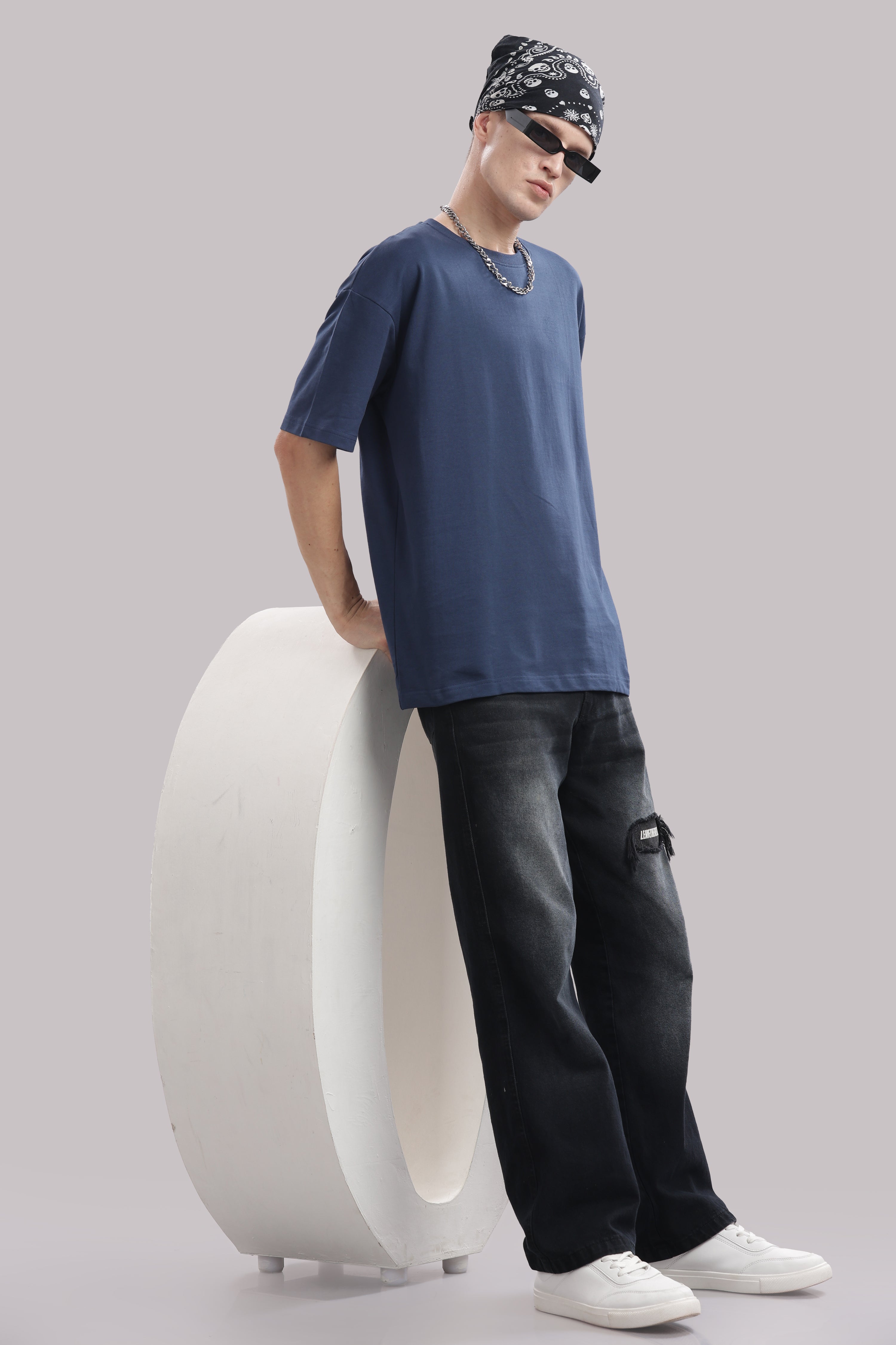 Mens Blue Cotton Oversized T-Shirt