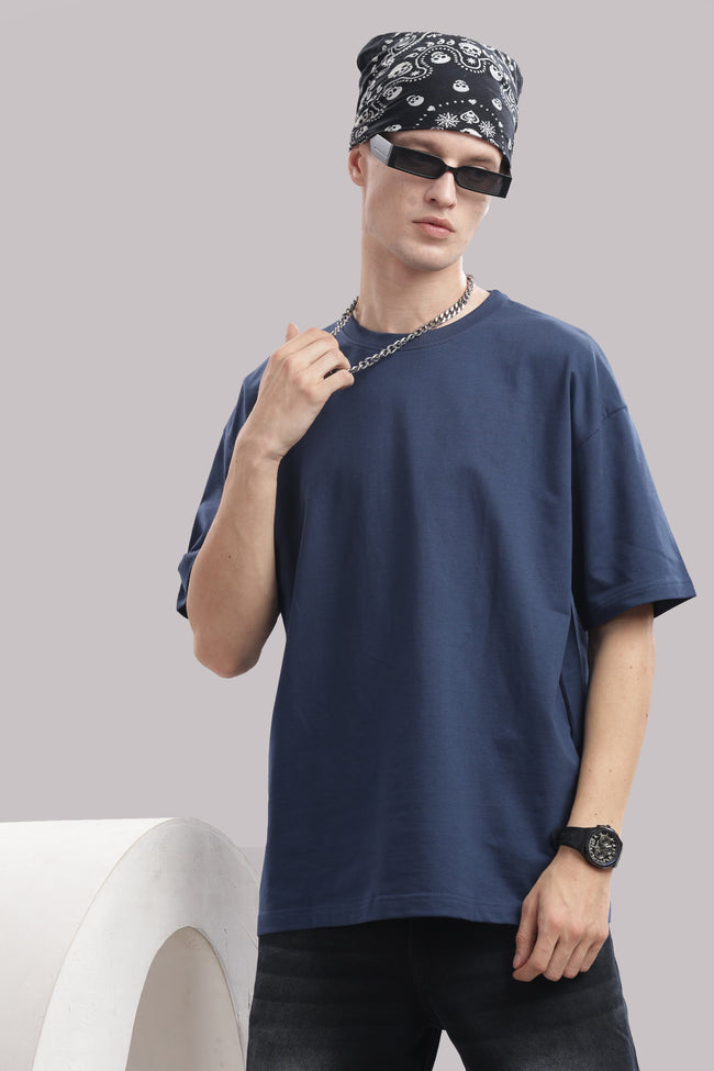 Mens Blue Cotton Oversized T-Shirt