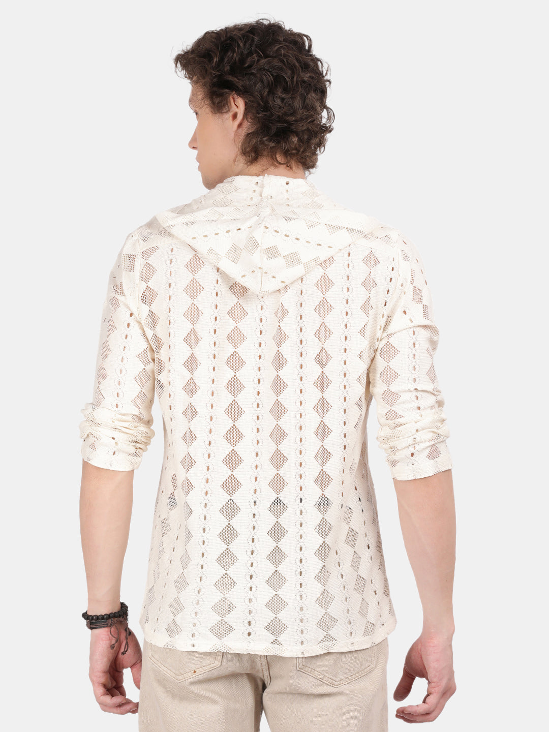 Men Cream Regular Fit Spread Collar Full Sleeve Hoodie