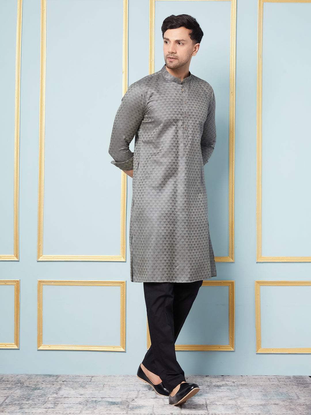 Men Charcoal Woven Design Thread Work Kurta