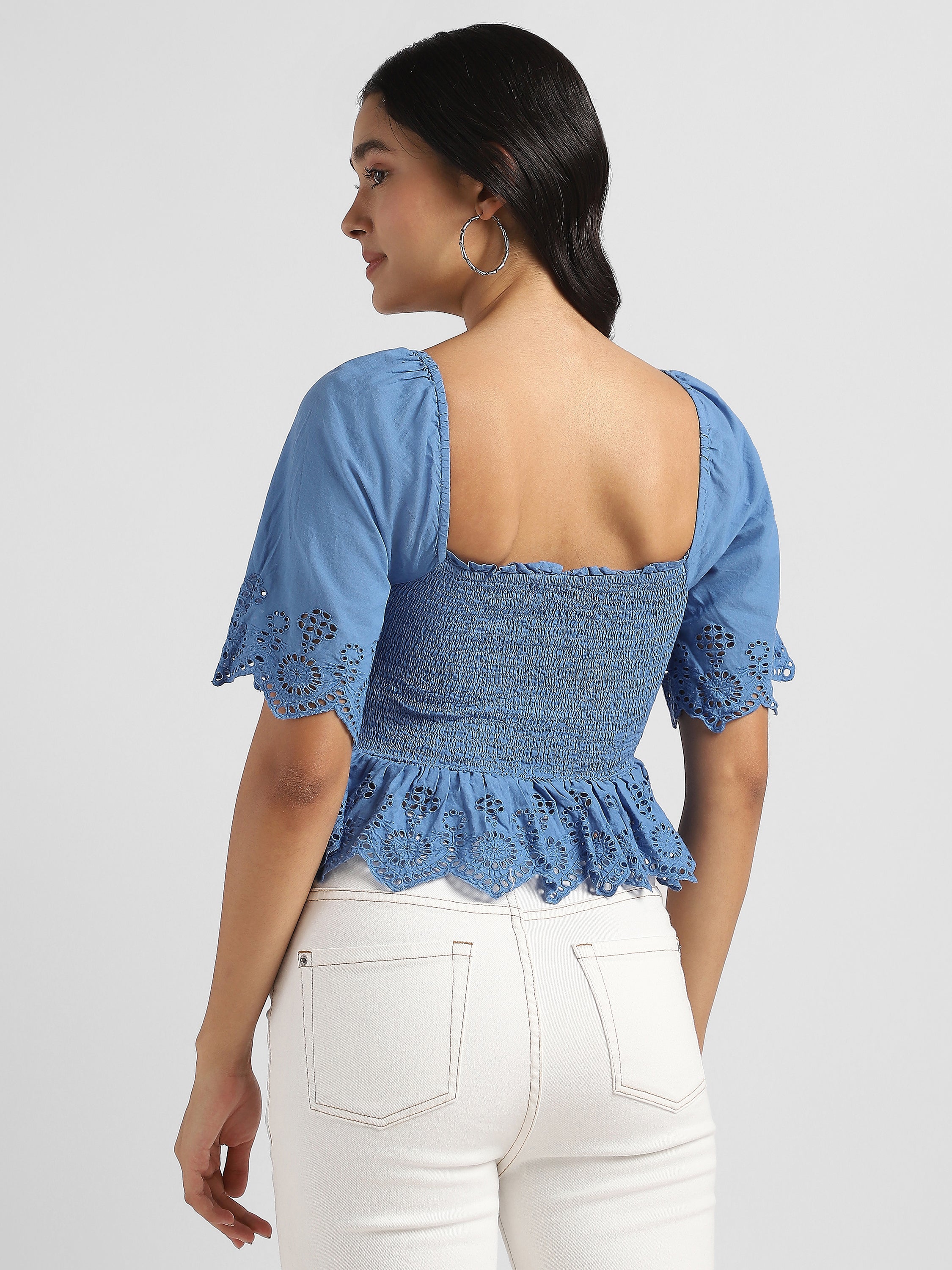 Women Blue Smocked Shiffli Crop Top