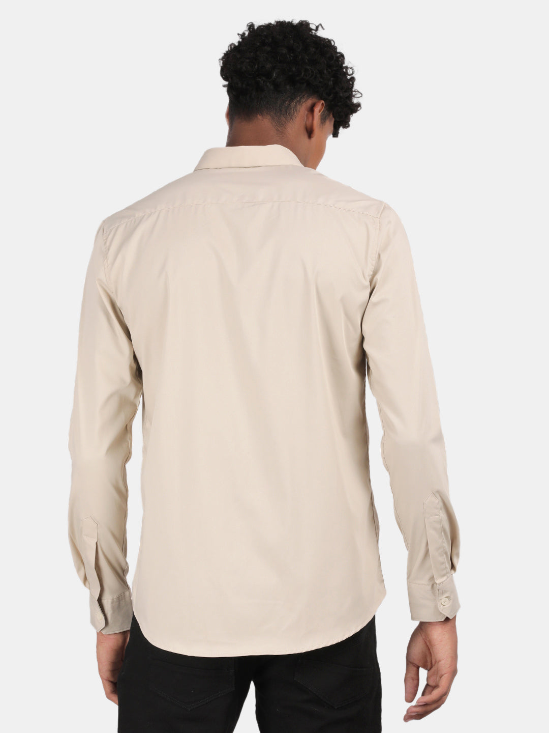 Men Cream Slim Fit Spread Collar Full Sleeve Casual Shirt