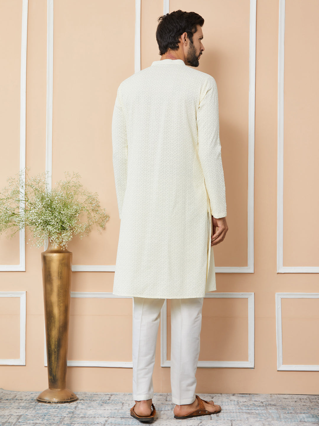 Men Cream Embroidered Chikankari Rayon Straight Kurta