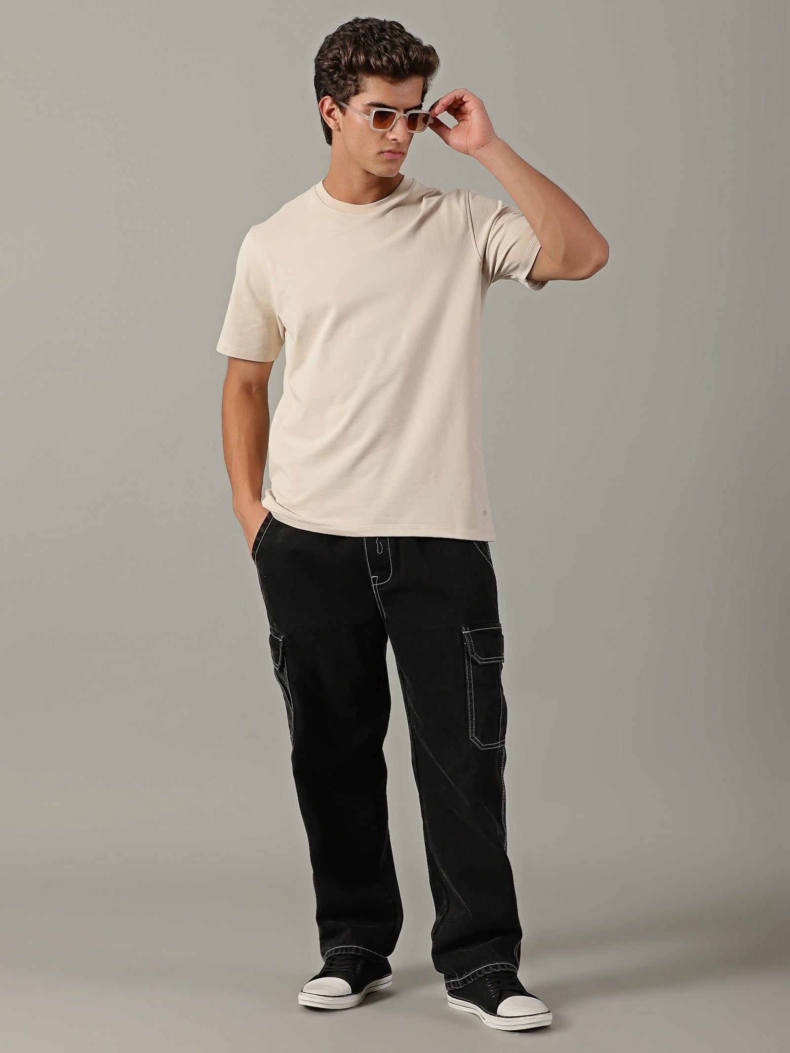 Men Beige Basic T-Shirt