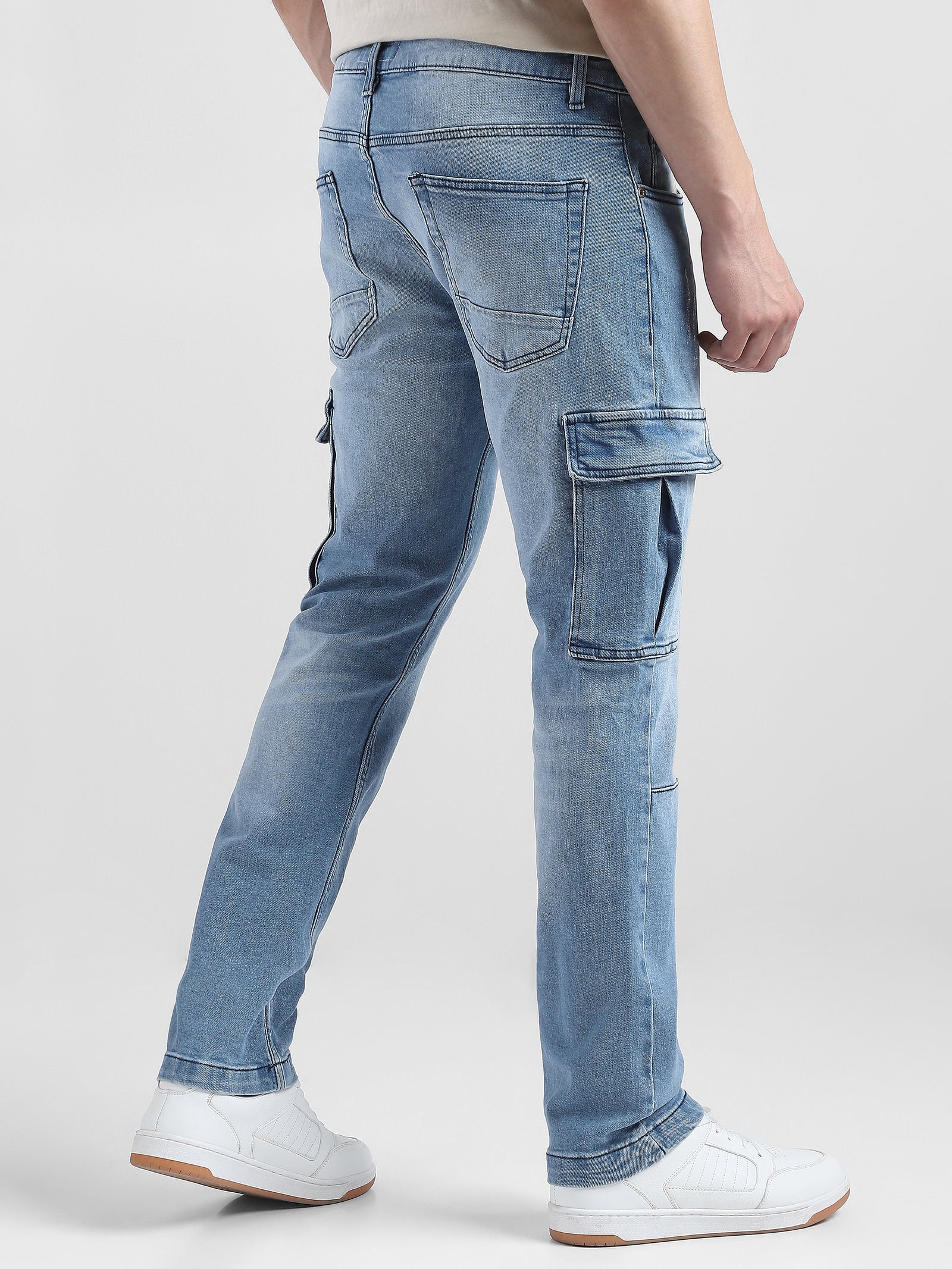 Men Blue Denim Mid Rise Cargo Pants