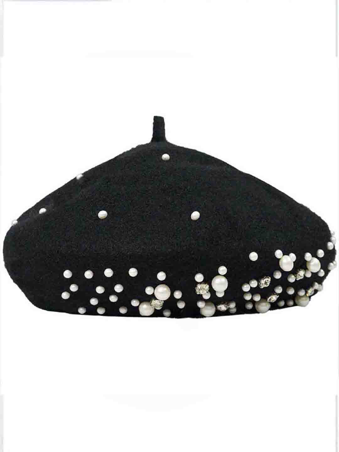 Black Beret with Pearls & Crystals