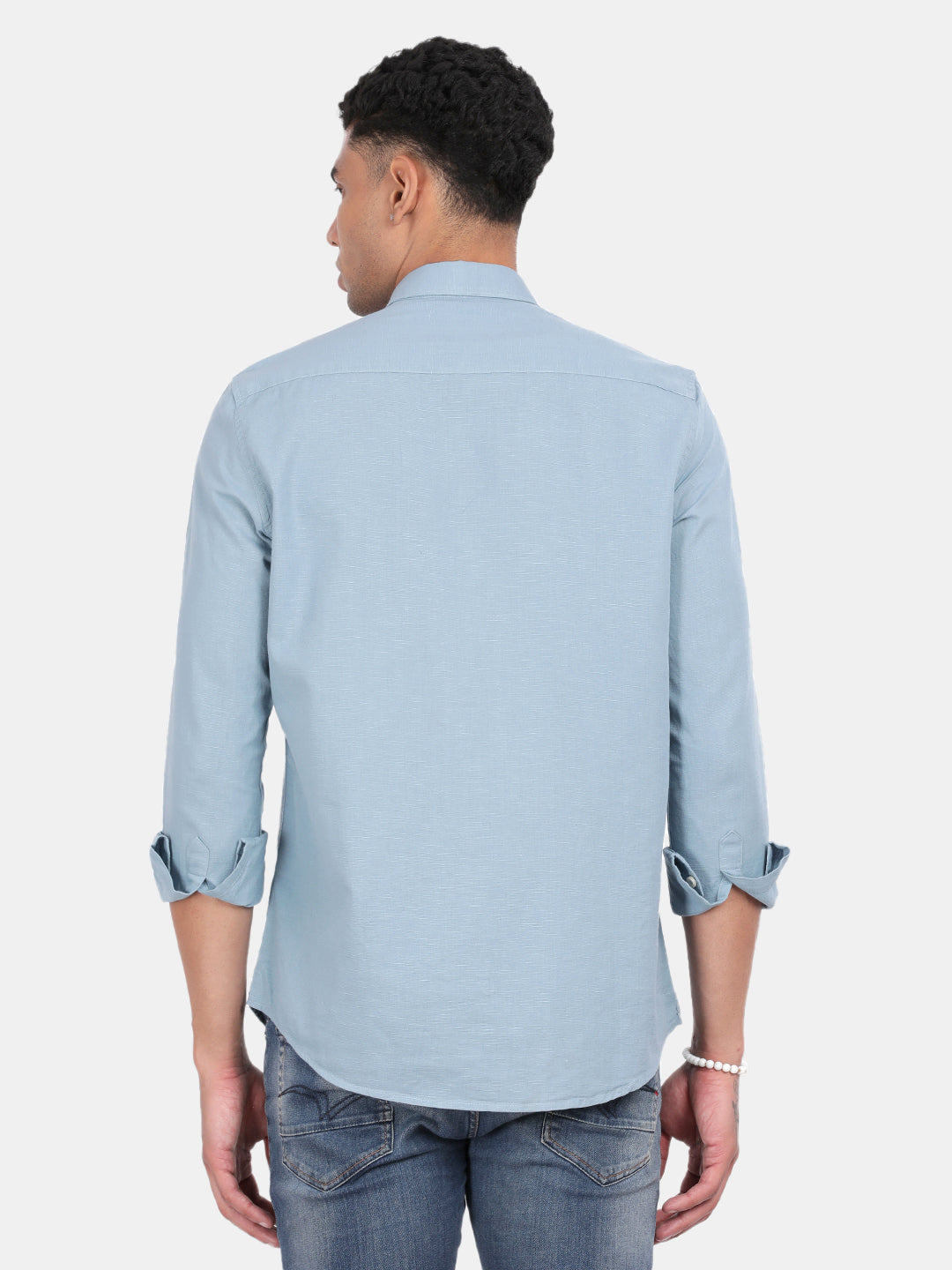 Men Light Blue Slim Fit Spread Collar Full Sleeve Casual Shirt