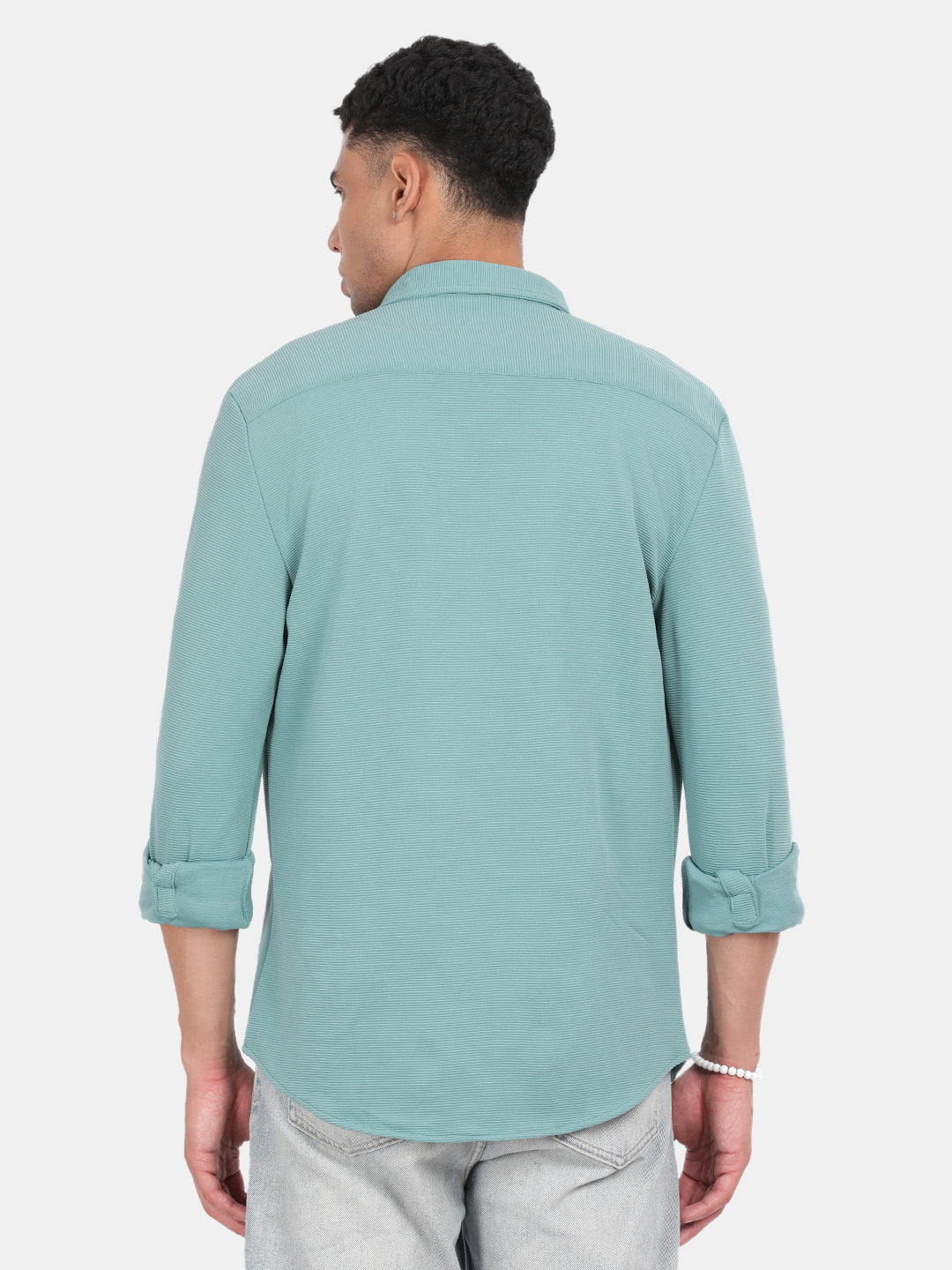 Men Light Green Slim Fit Spread Collar Full Sleeve Casual Shirt