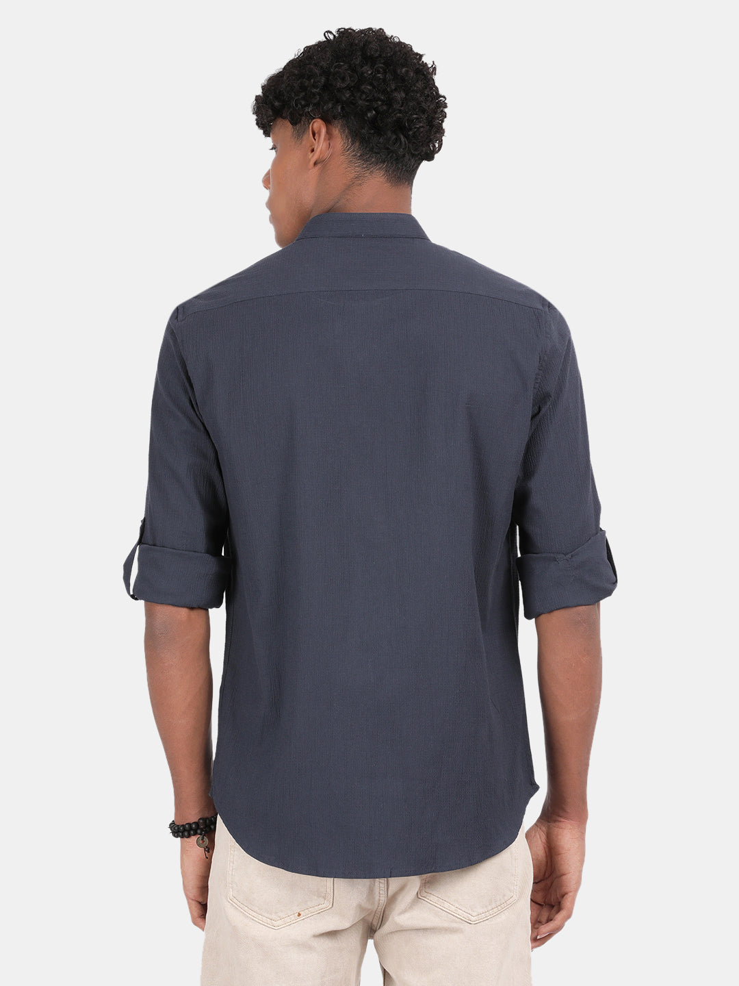 Men Blue Slim Fit Mandarin Collar Full Sleeve Casual Shirt