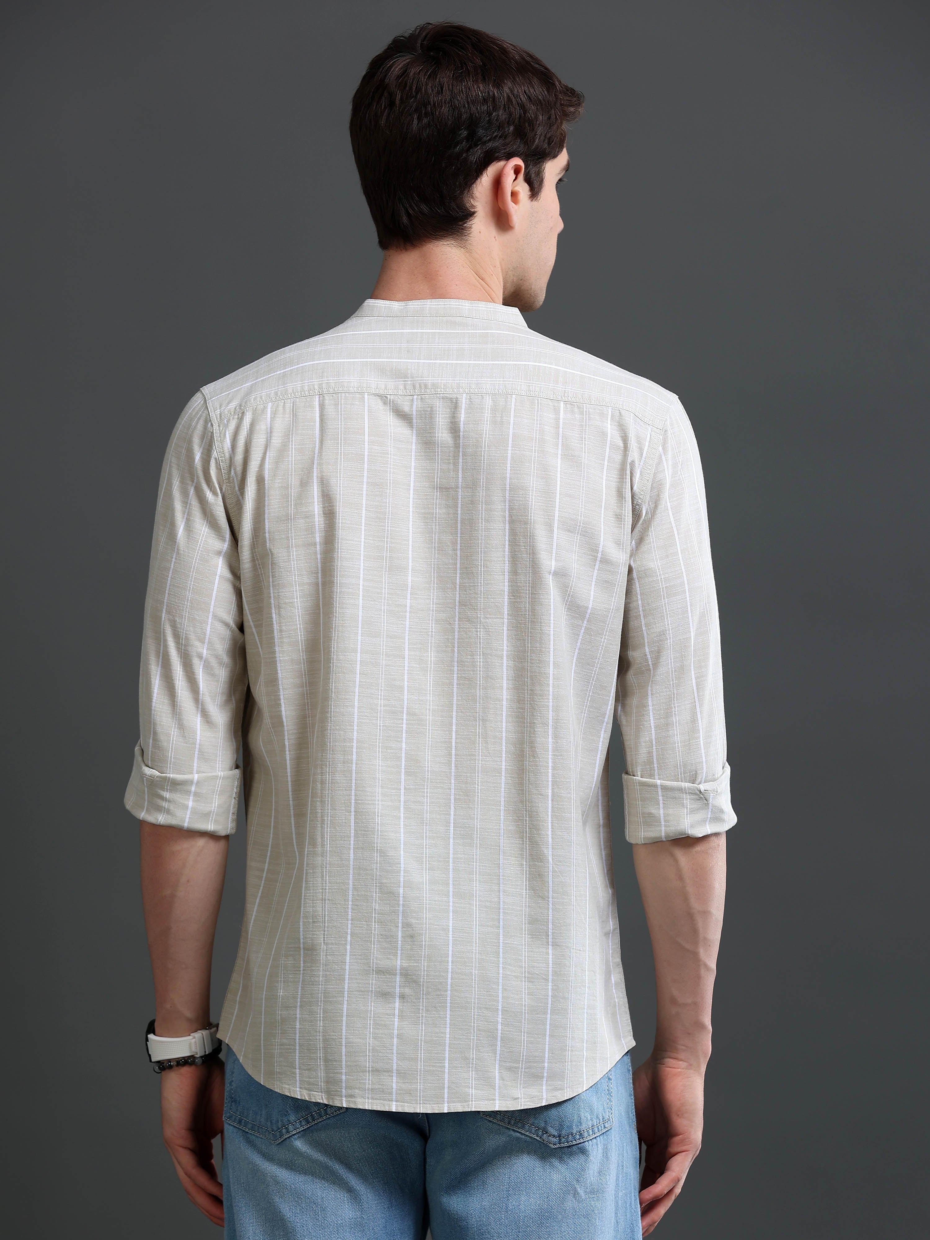 Men Beige Striped Cotton Shirt