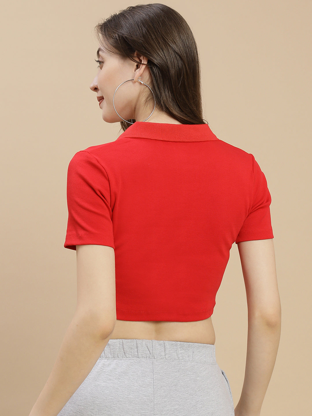 Women Red Polo Neck Crop Top