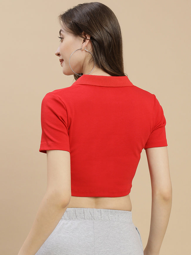 Women Red Polo Neck Crop Top
