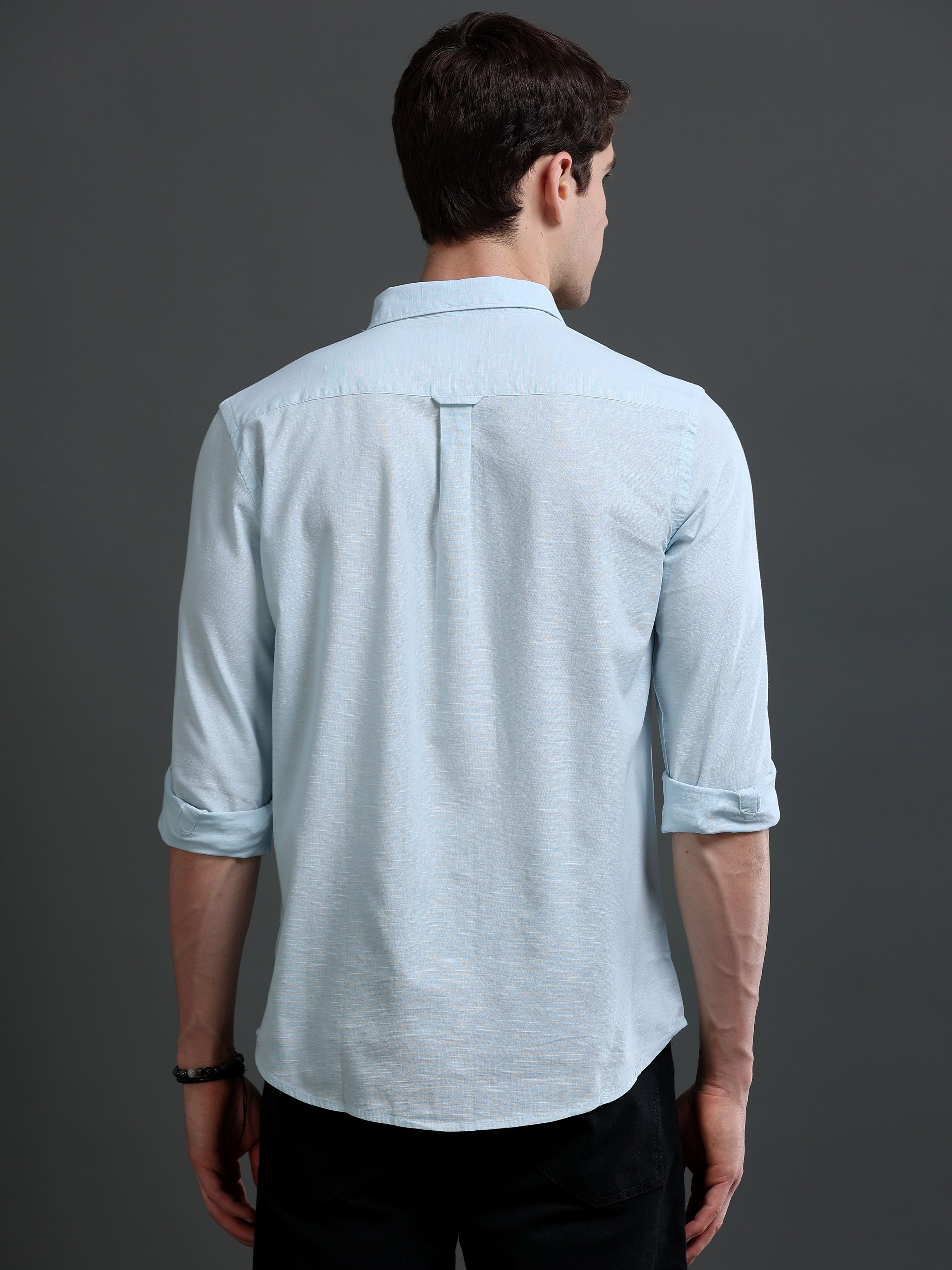 Men Blue Slub Solid Shirt
