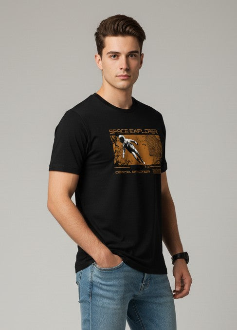 Men Printed Black Cotton Tshirt
