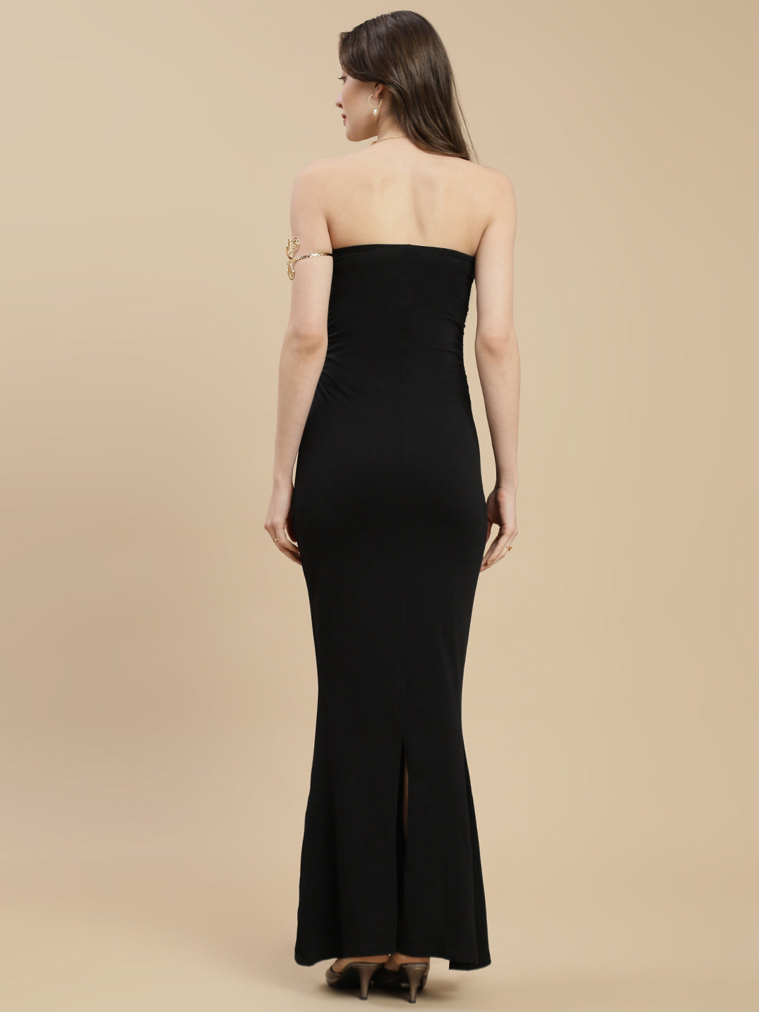 Women Black Ruched Side Slit Tube Dress