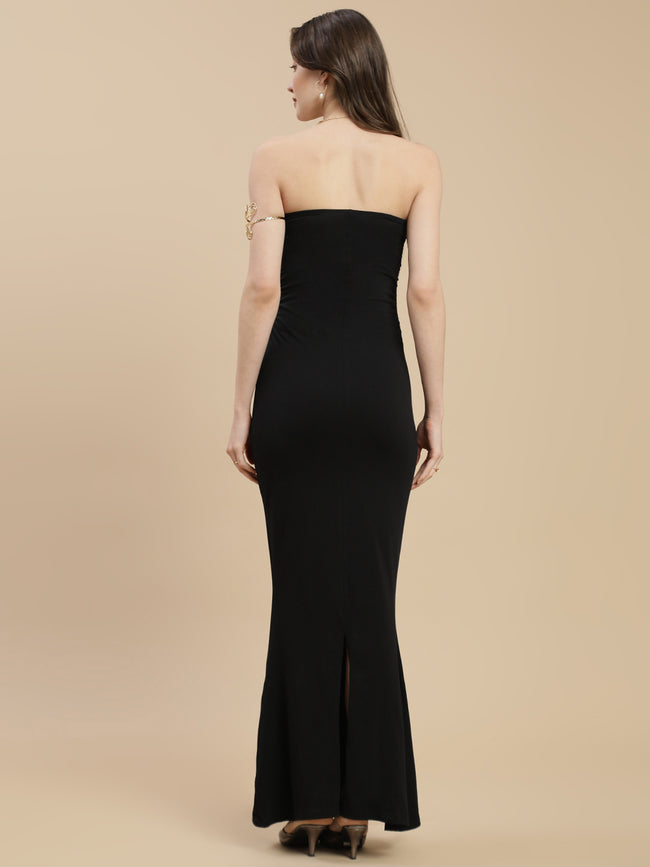 Women Black Ruched Side Slit Tube Dress