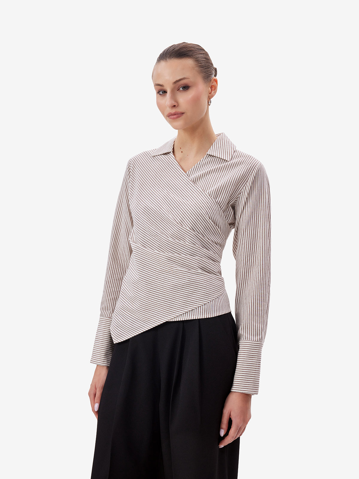 Women White Striped Overlap Shirt