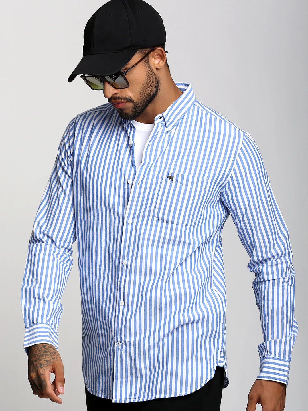Men Blue Striped Casual Shirt