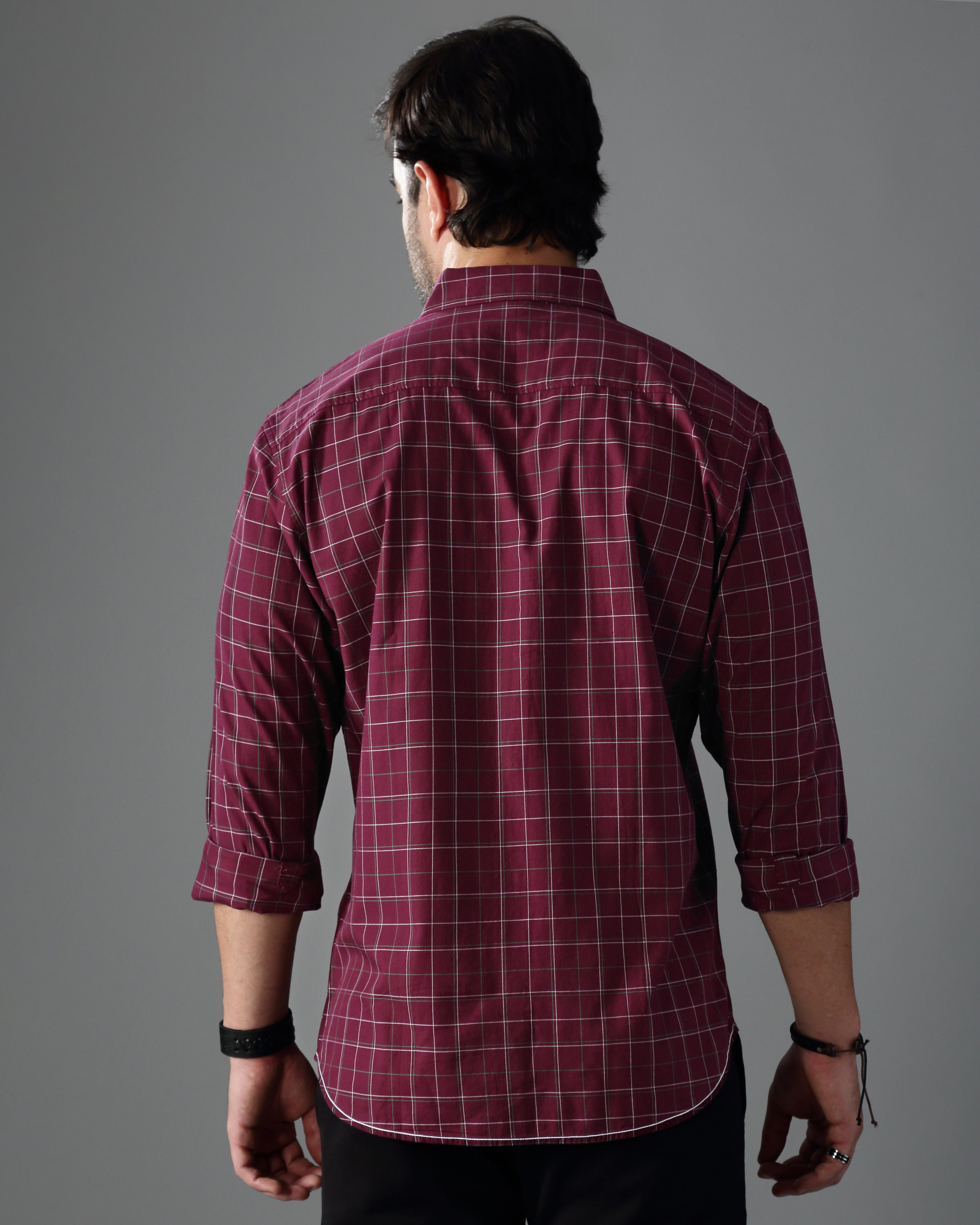 Men Burgundy Twill Checked Shirt