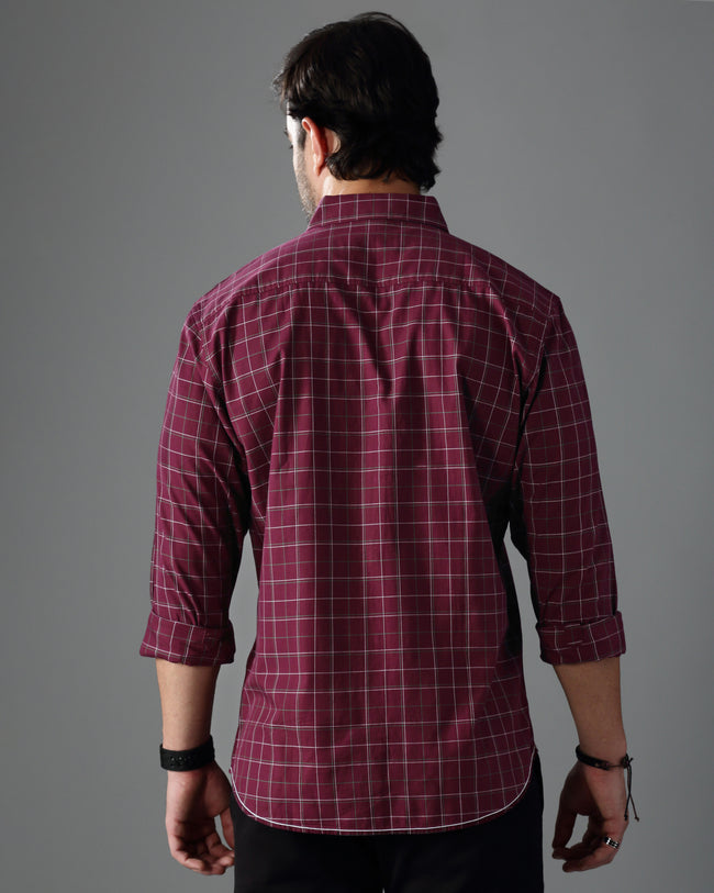 Men Burgundy Twill Checked Shirt