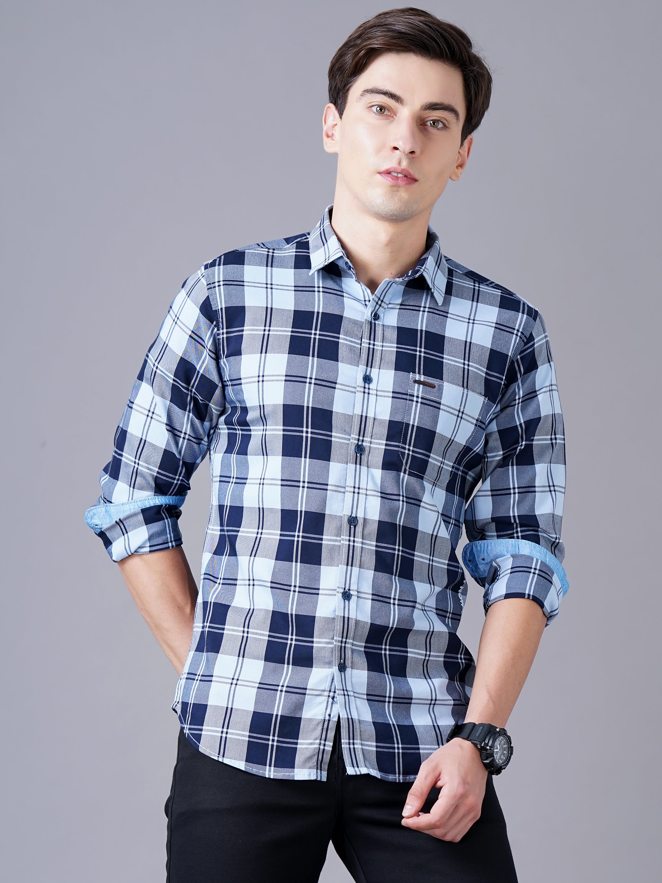 Men Blue Cotton Slim Shirt