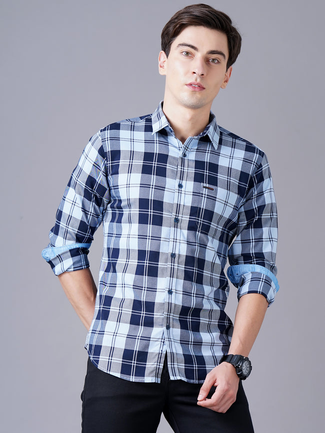 Men Blue Cotton Slim Shirt