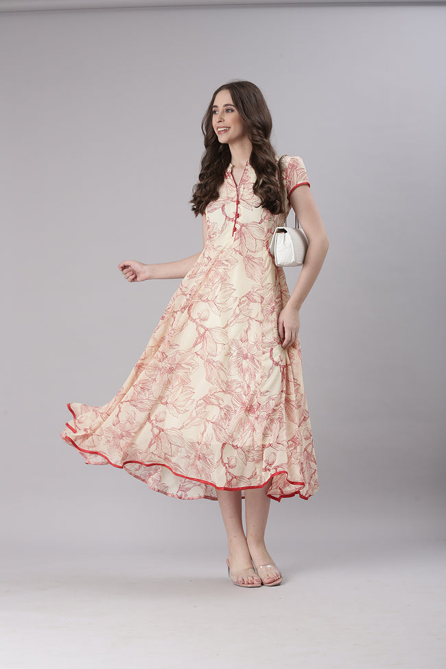 Women Cream Floral Tiered Midi Dress