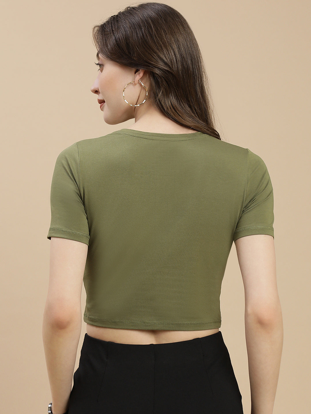 Women Olive Crew Neck Crop Top