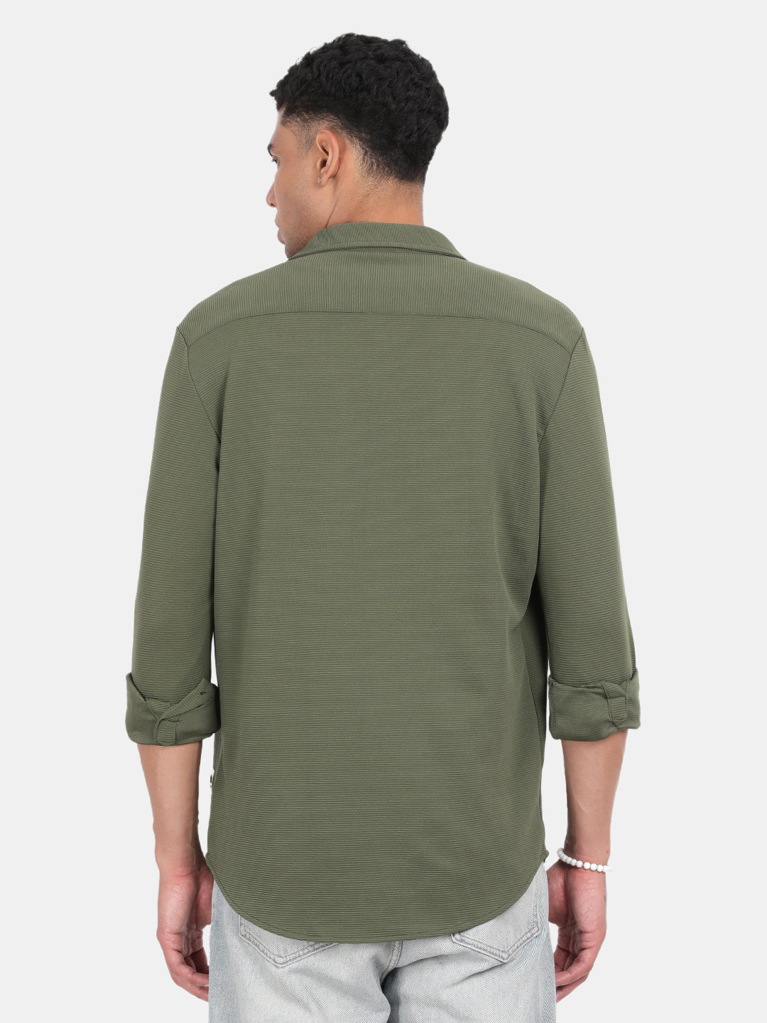 Men Olive Slim Fit Spread Collar Full Sleeve Casual Shirt
