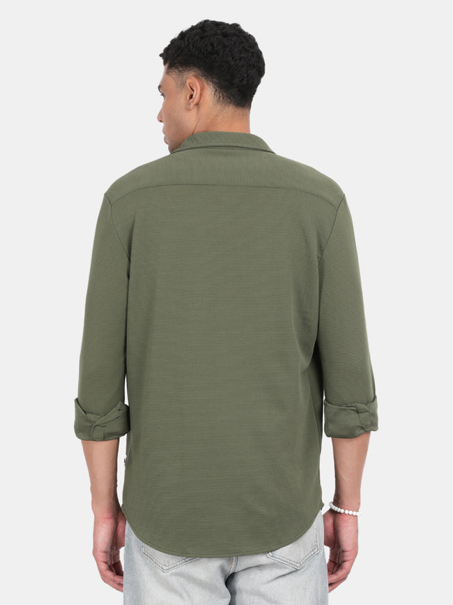 Men Olive Slim Fit Spread Collar Full Sleeve Casual Shirt