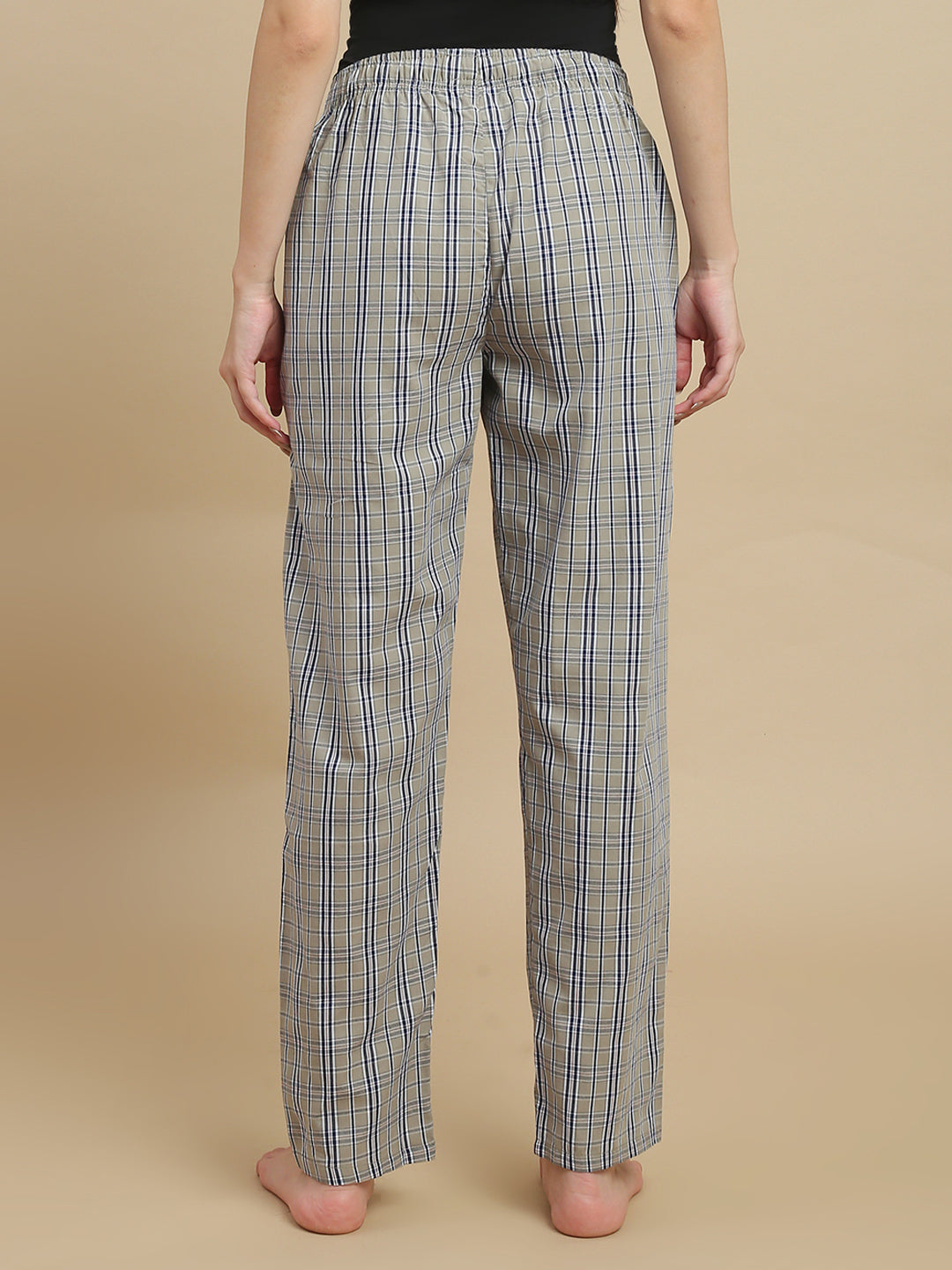 Women Taupe Checked Cotton Pyjamas