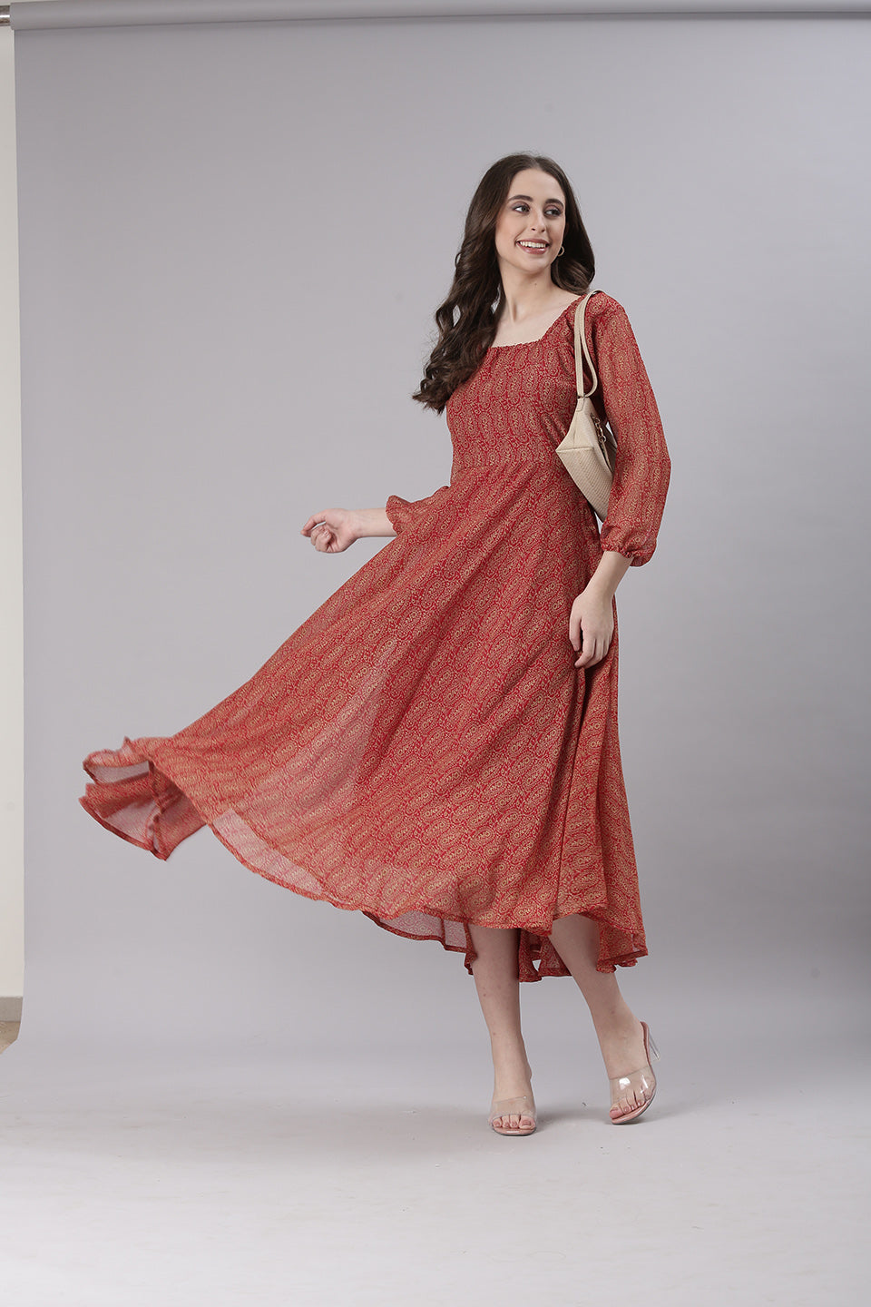 Women Red Printed Fit & Flare Dress