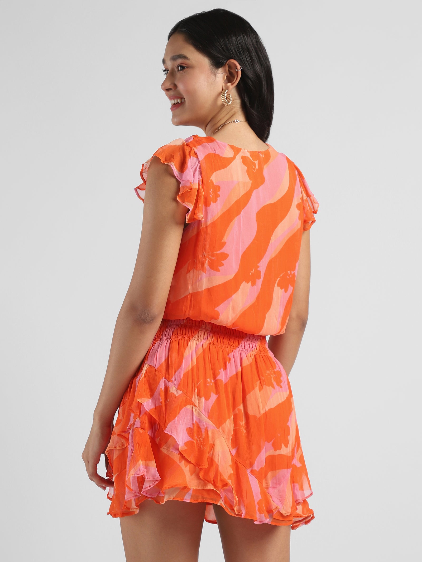 Women Orange Printed Dress with bottom frill