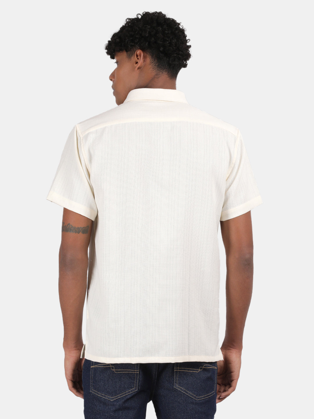 Men Cream Slim Fit Spread Collar Half Sleeve Casual Shirt
