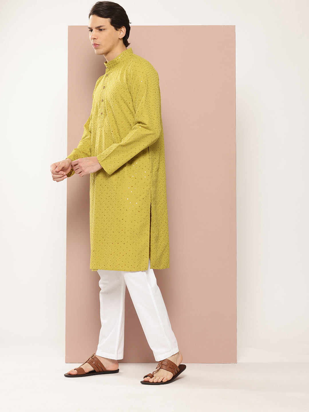 Men Lime Green Embroidered Sequined Rayon Kurta