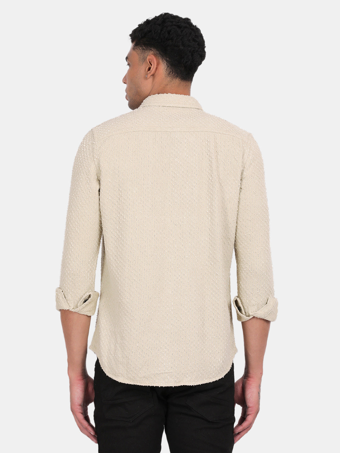Men Cream Slim Fit Spread Collar Full Sleeve Casual Shirt