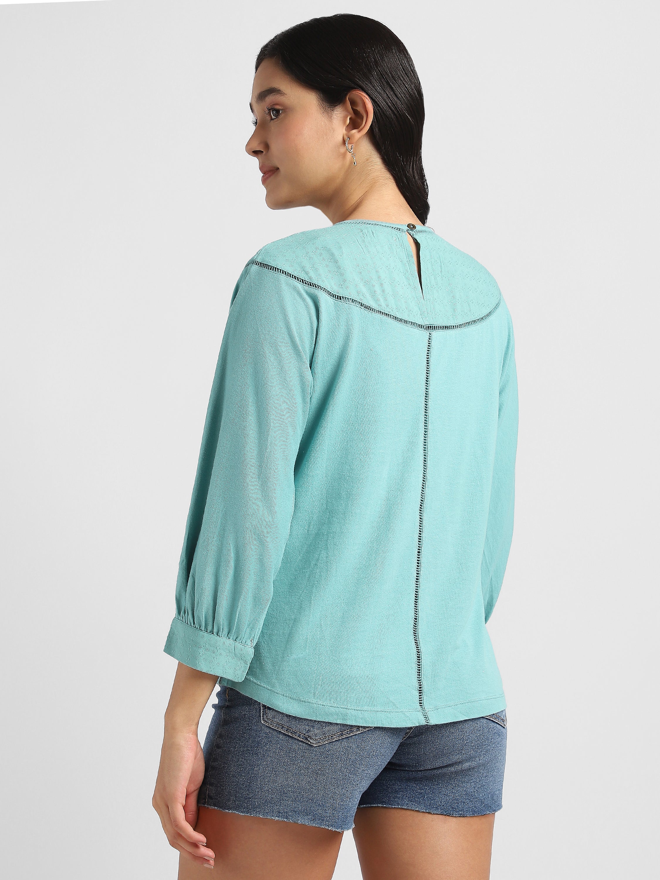 Women Green Self Design Fabric Top
