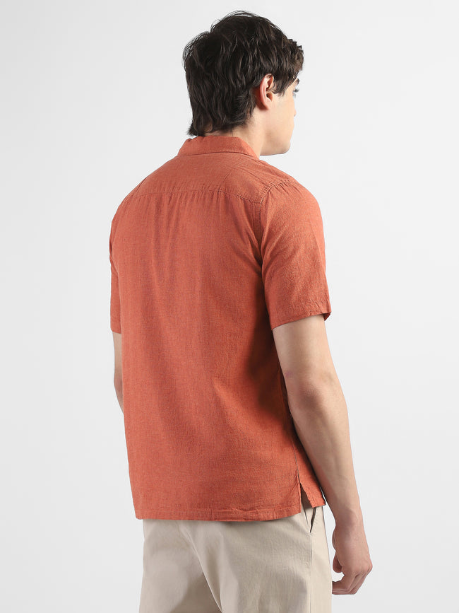 Men Orange Spread Collar Cotton Blend Shirt