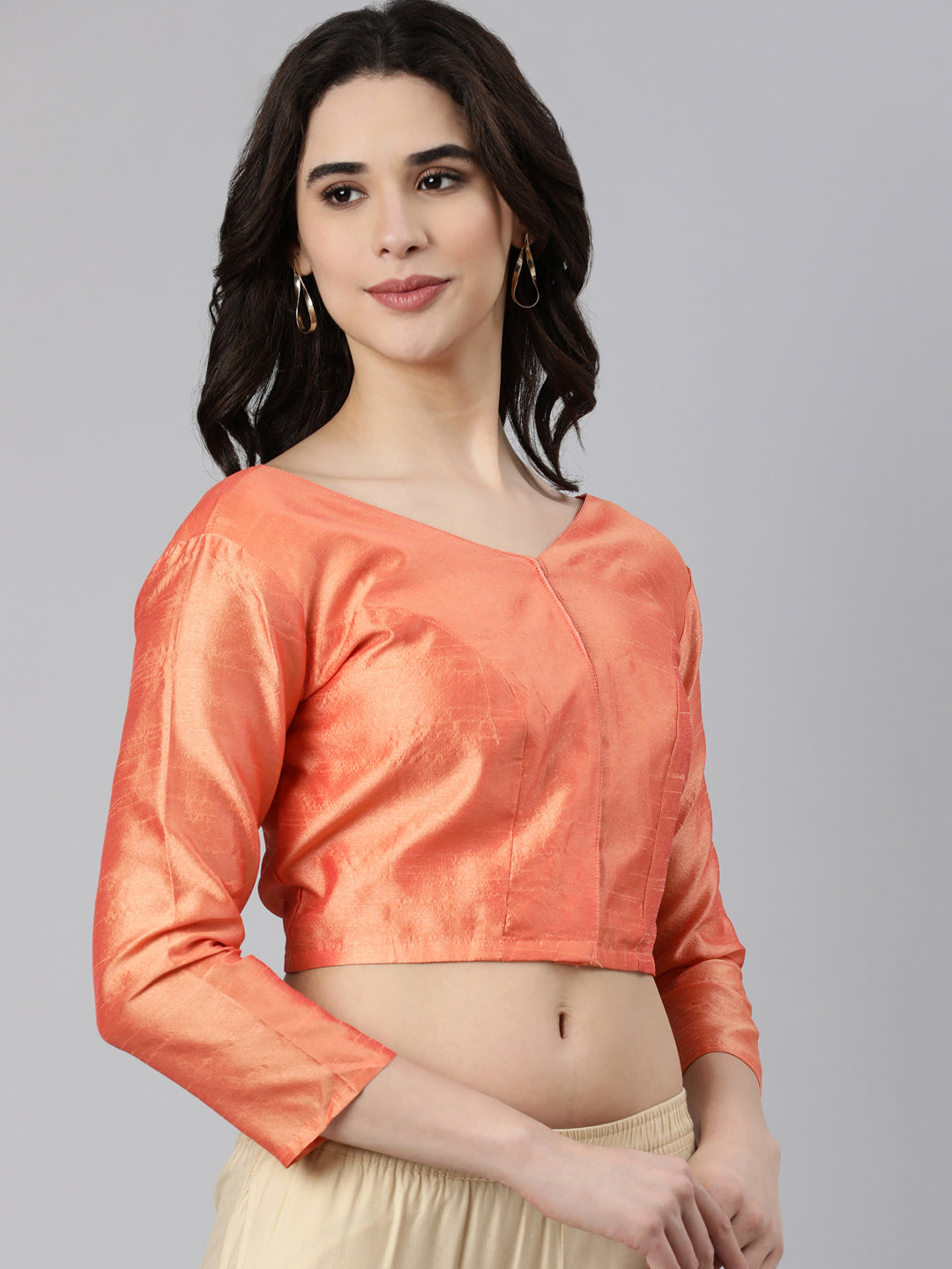 Peach Solid Three-Quarter Sleeves V-Neck Dupion Silk Knot Blouse