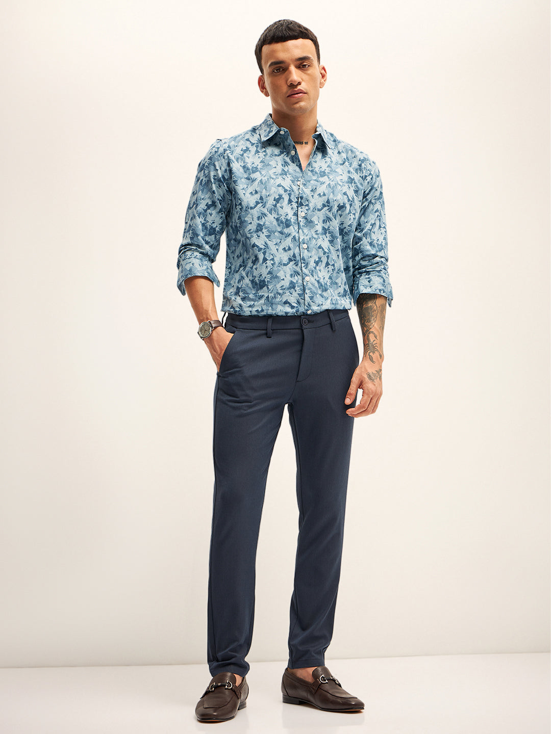 Men Blue Printed Slim Fit Casual Shirt